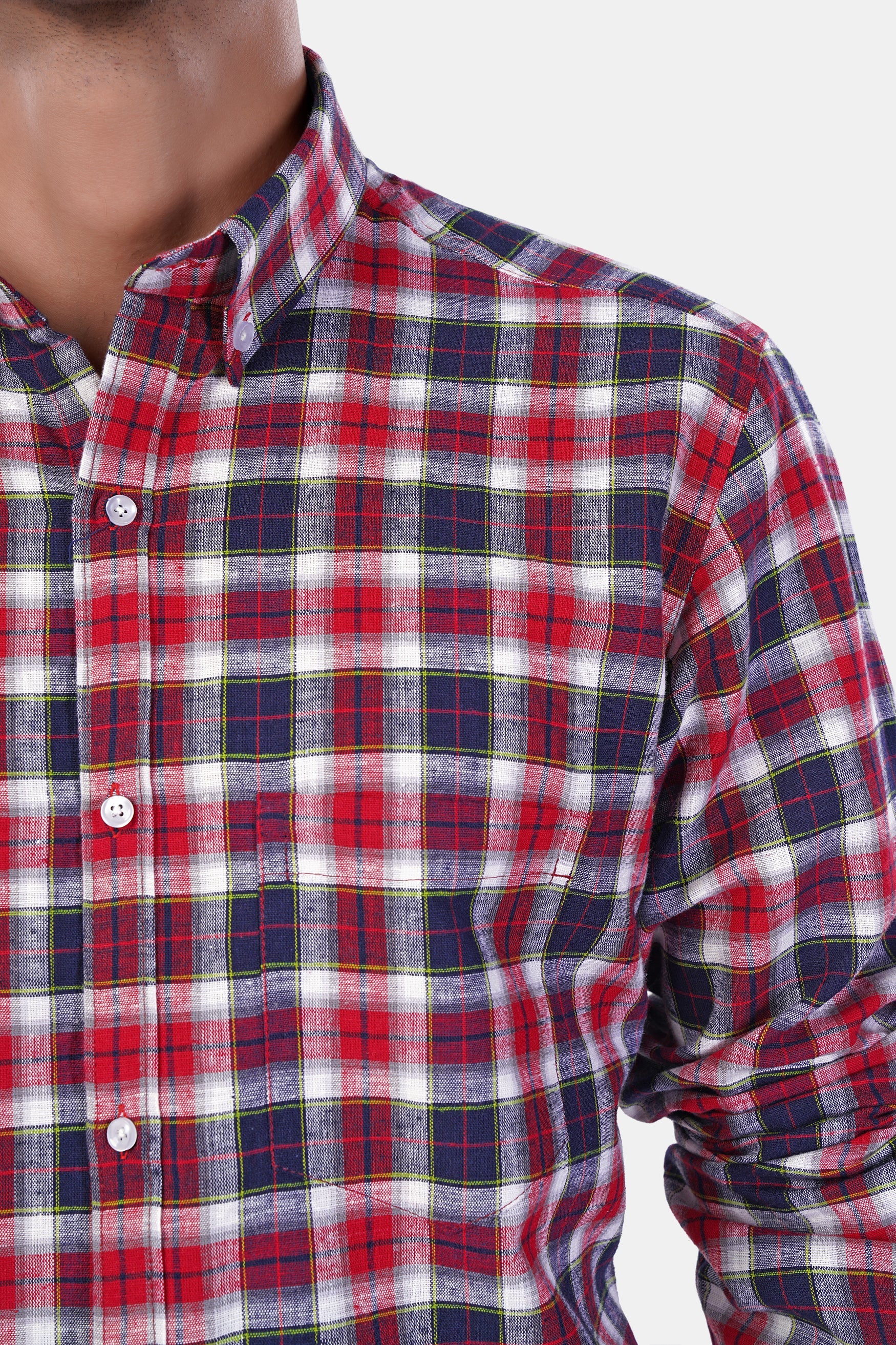 7swords-Midnight Blue with Firebrick Red and White Plaid Premium Cotton Shirt