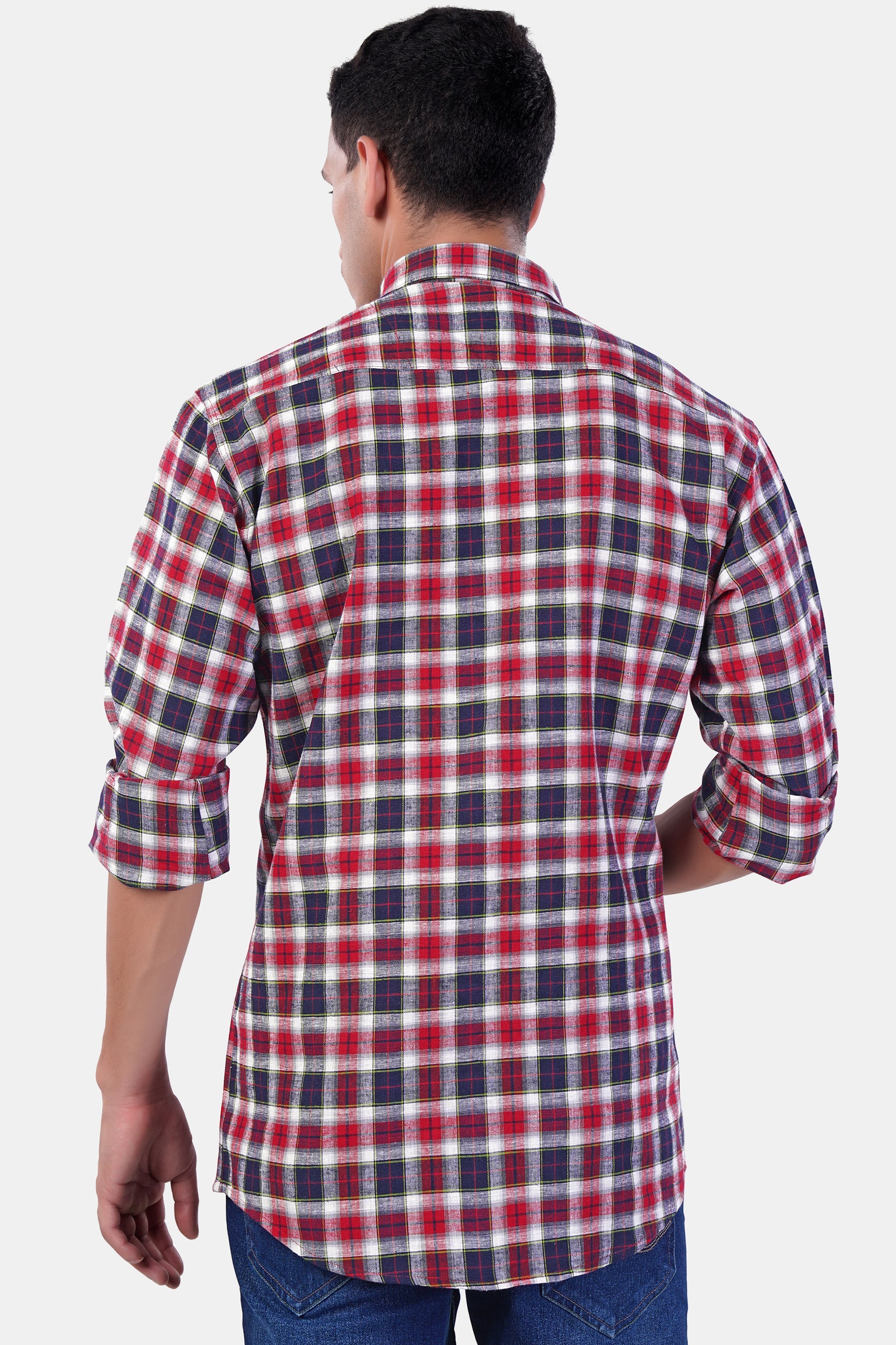 7swords-Midnight Blue with Firebrick Red and White Plaid Premium Cotton Shirt