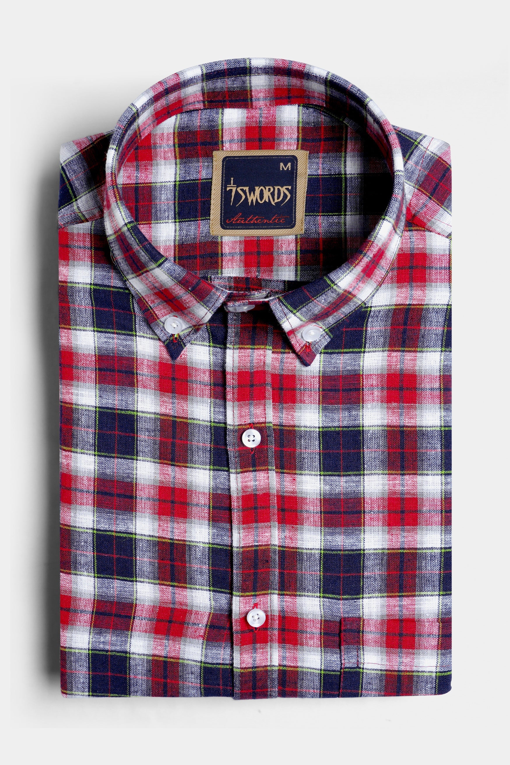 7swords-Midnight Blue with Firebrick Red and White Plaid Premium Cotton Shirt