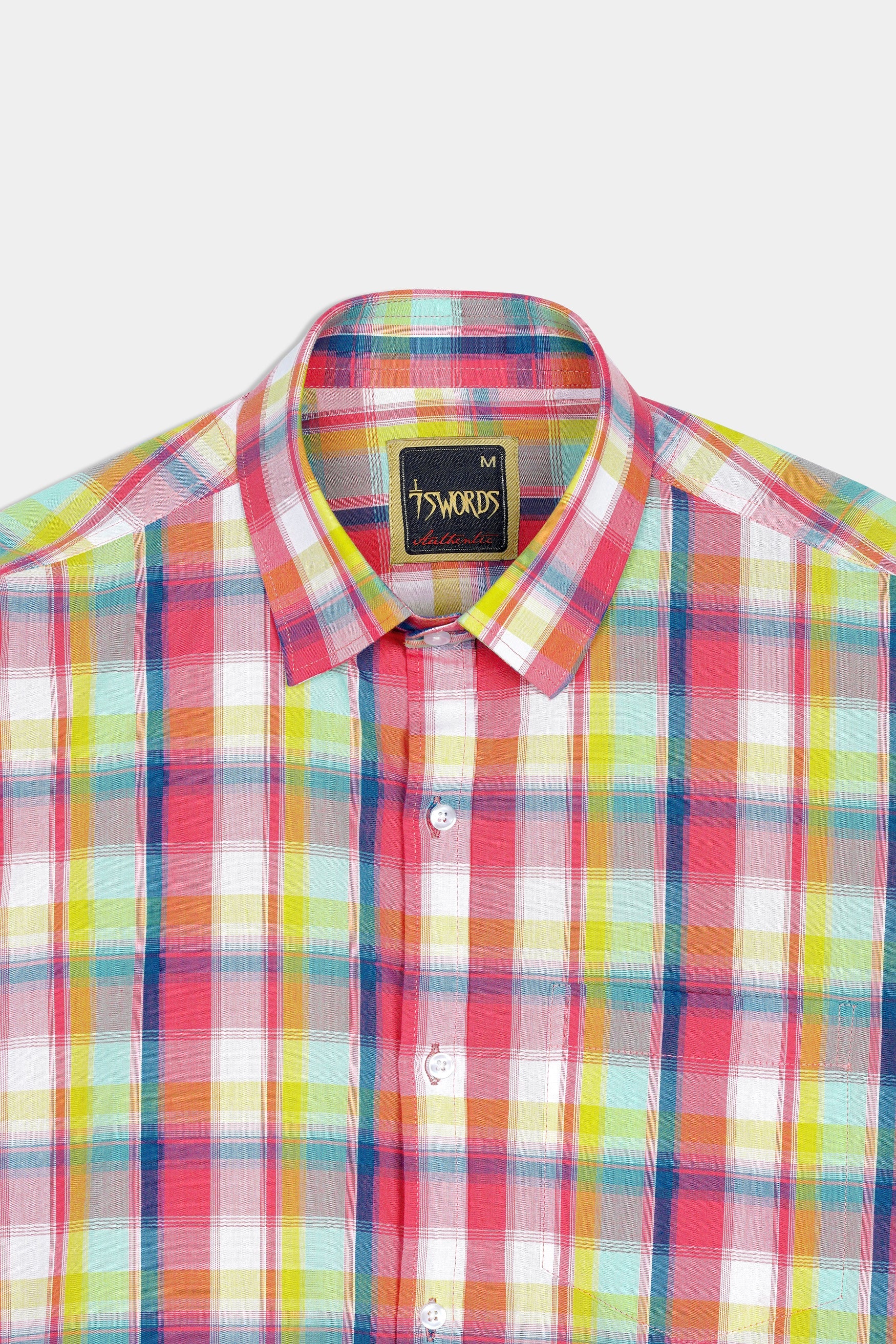 7swords-Mandy Pink with Sienna Orange and Glacier Blue Plaid Premium Cotton Shirt