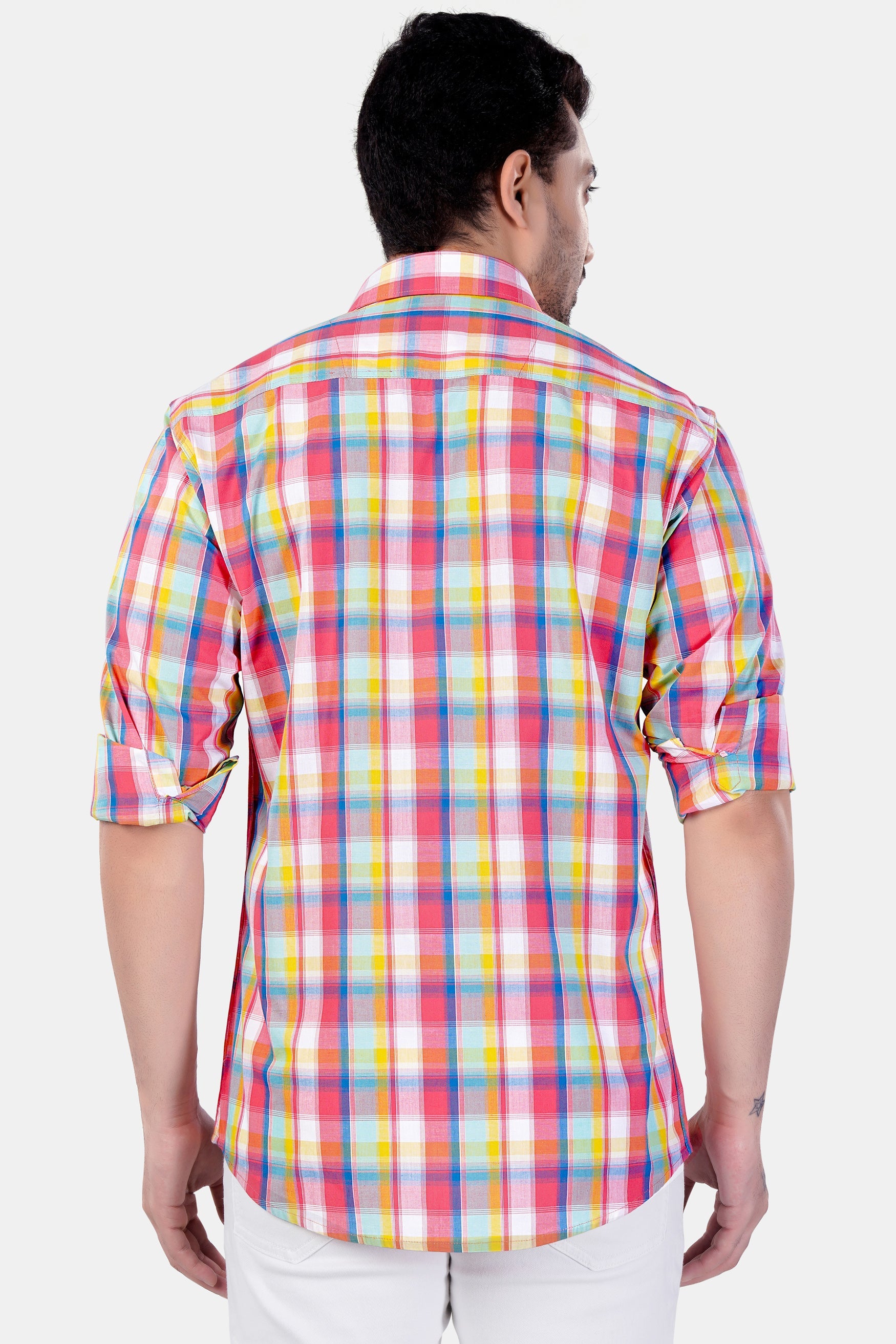 7swords-Mandy Pink with Sienna Orange and Glacier Blue Plaid Premium Cotton Shirt