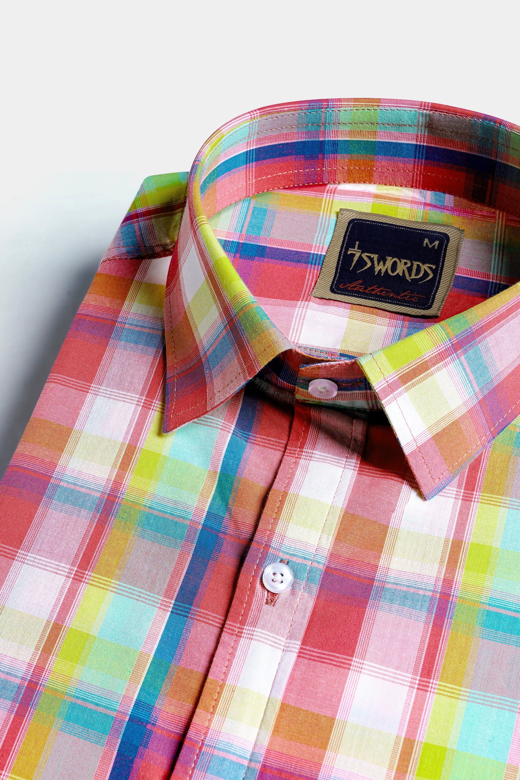 7swords-Mandy Pink with Sienna Orange and Glacier Blue Plaid Premium Cotton Shirt