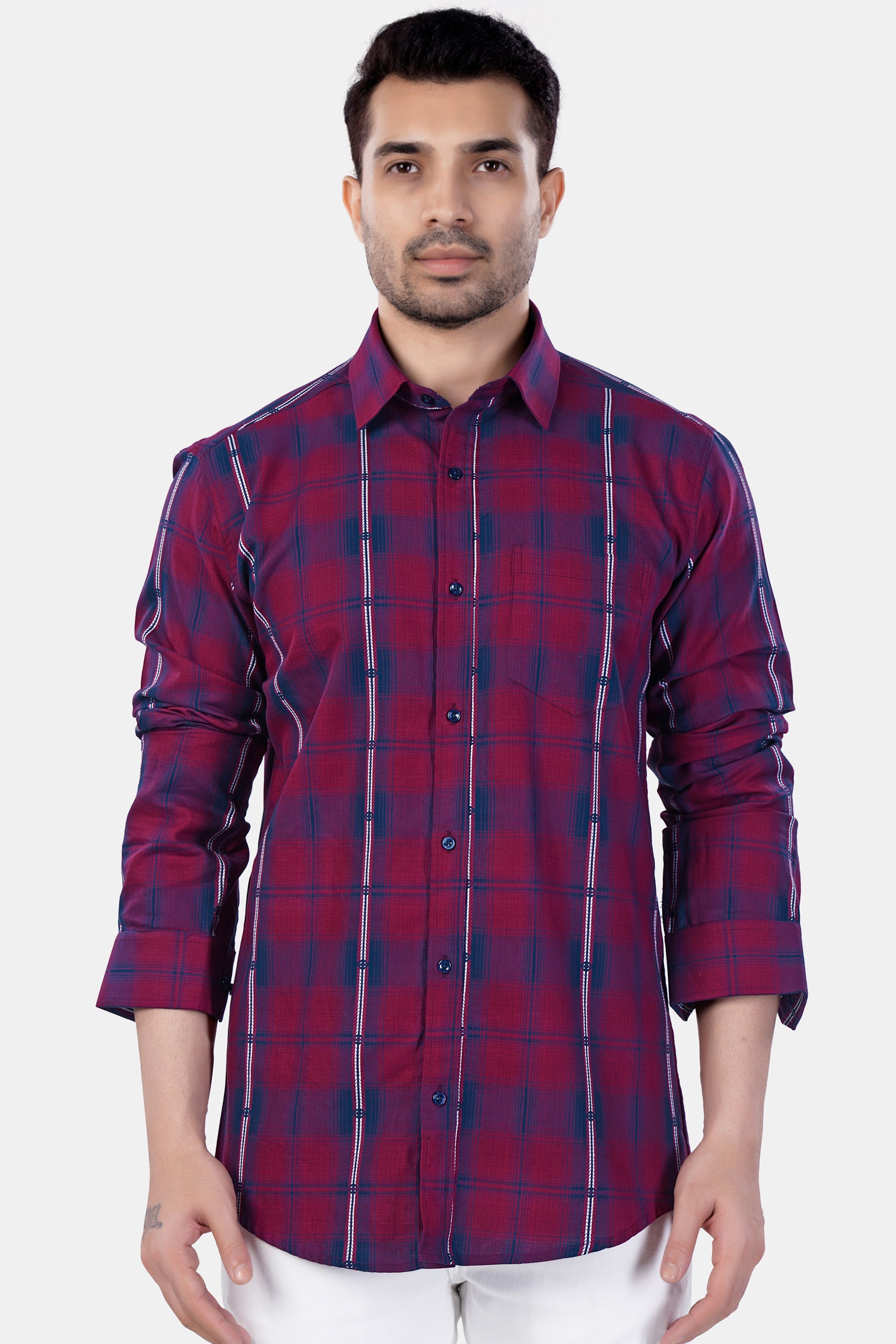 7swords-Pansy Maroon and Ebony Clay Blue Plaid Premium Cotton Shirt