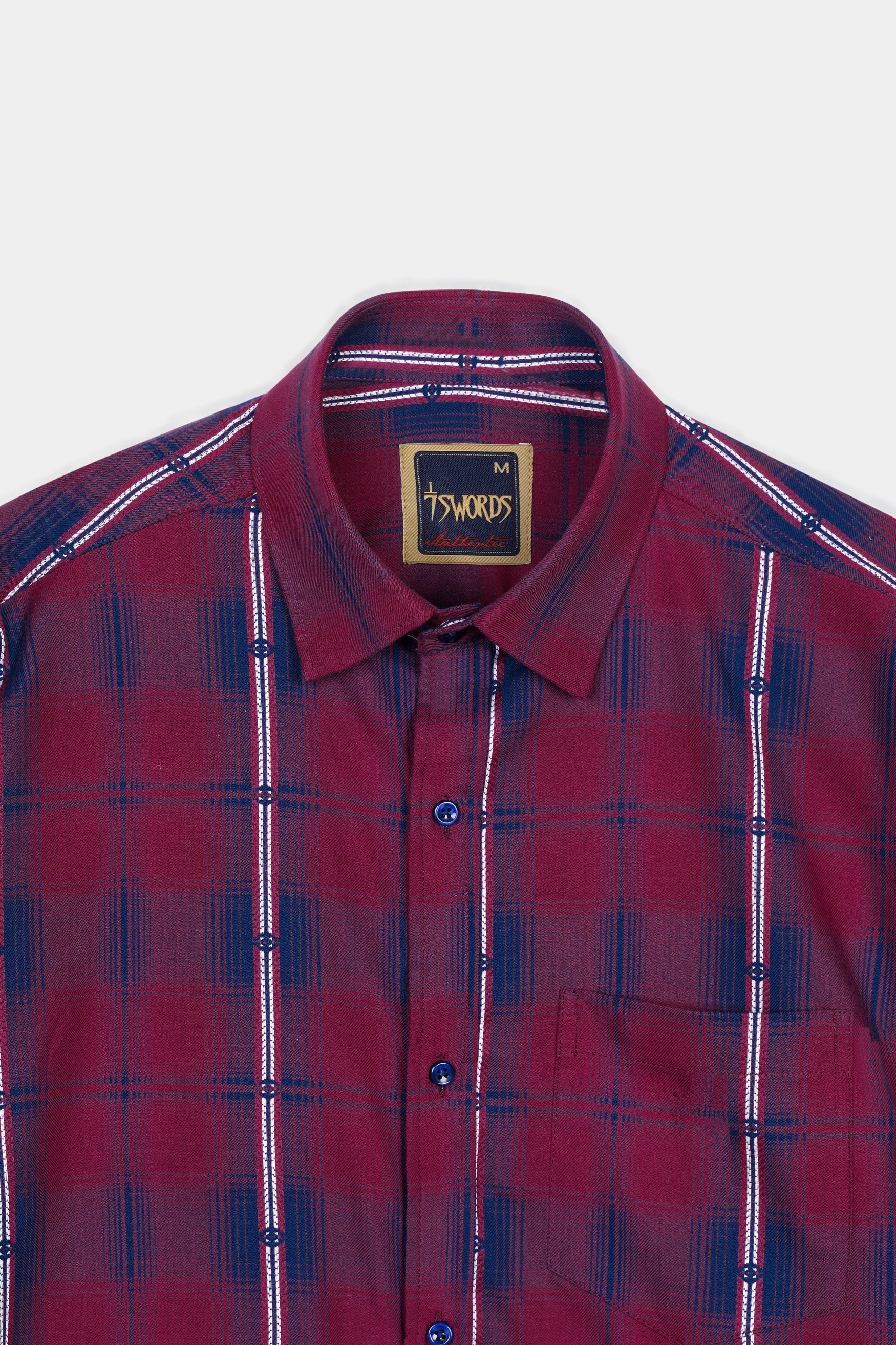 7swords-Pansy Maroon and Ebony Clay Blue Plaid Premium Cotton Shirt