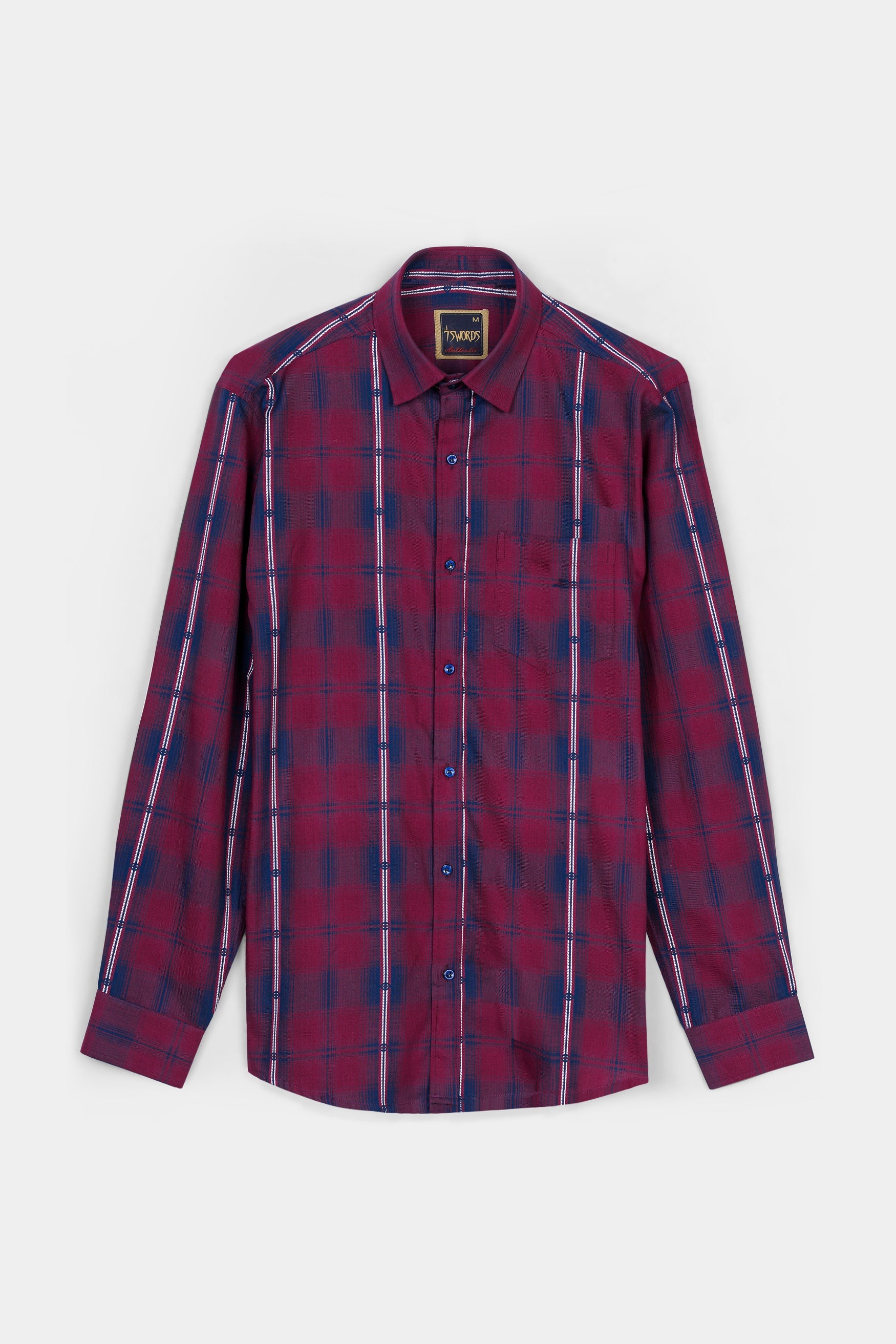 7swords-Pansy Maroon and Ebony Clay Blue Plaid Premium Cotton Shirt