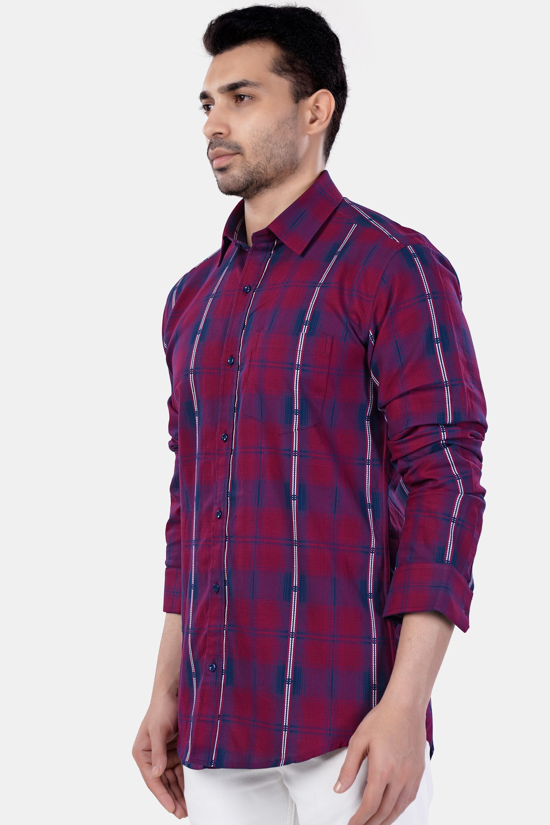 7swords-Pansy Maroon and Ebony Clay Blue Plaid Premium Cotton Shirt