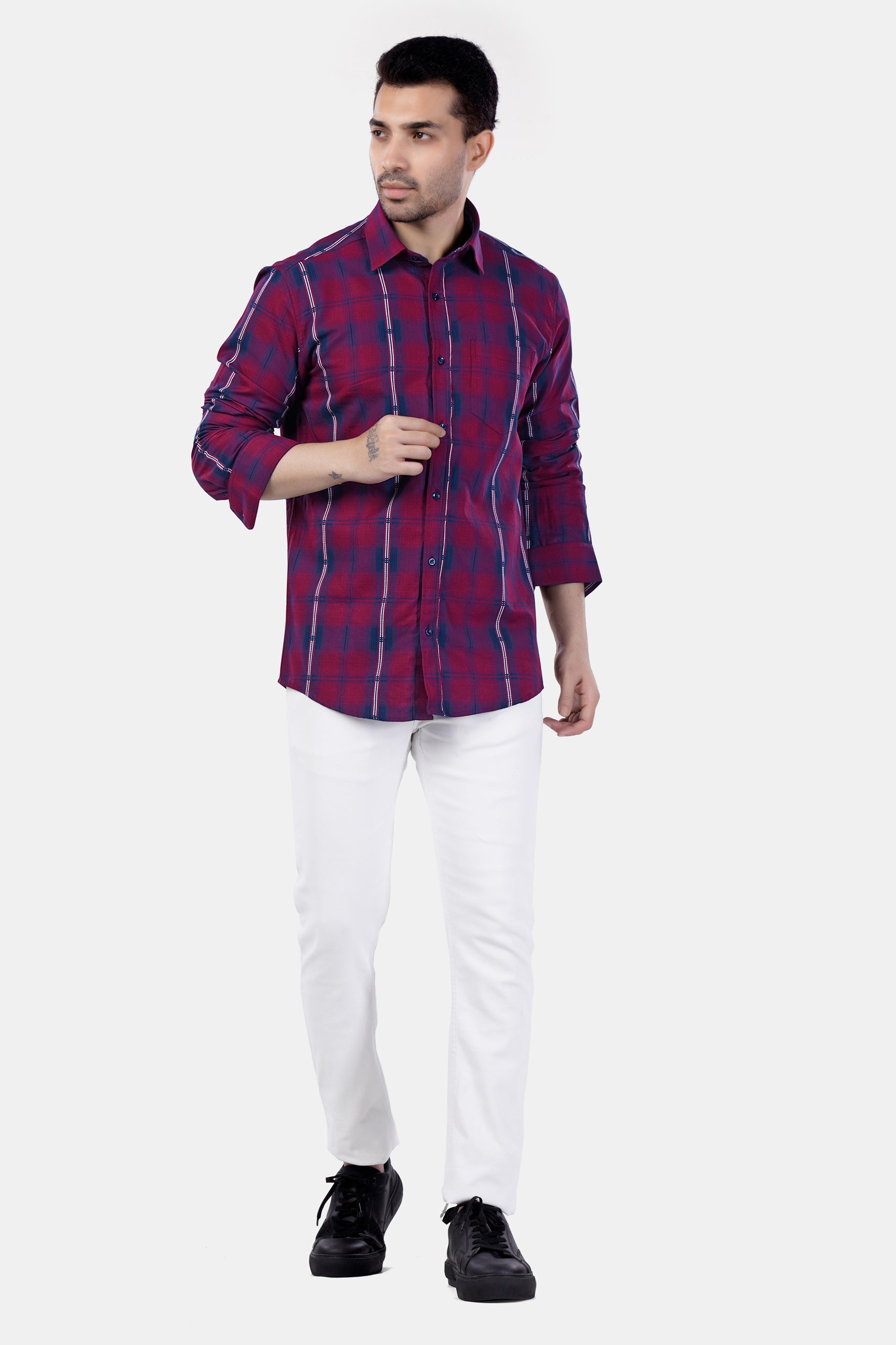 7swords-Pansy Maroon and Ebony Clay Blue Plaid Premium Cotton Shirt