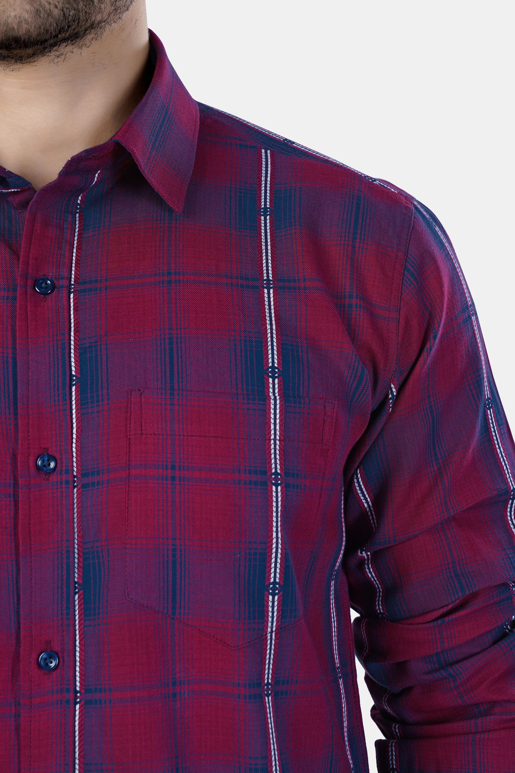 7swords-Pansy Maroon and Ebony Clay Blue Plaid Premium Cotton Shirt