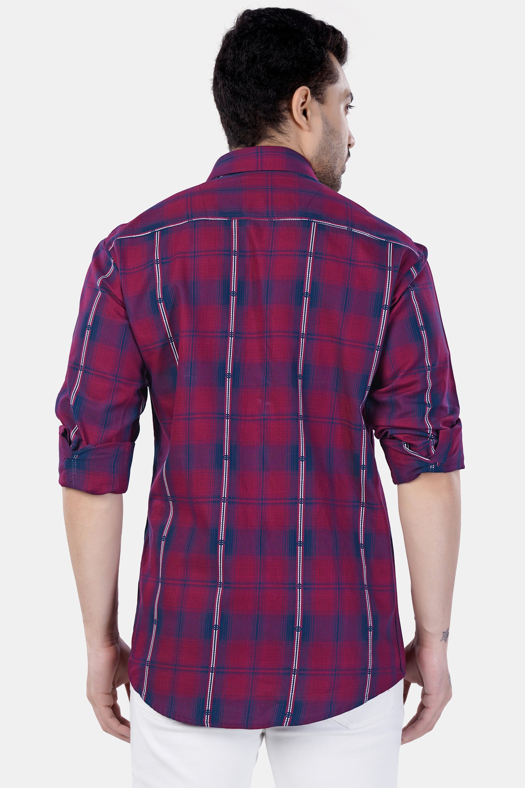 7swords-Pansy Maroon and Ebony Clay Blue Plaid Premium Cotton Shirt