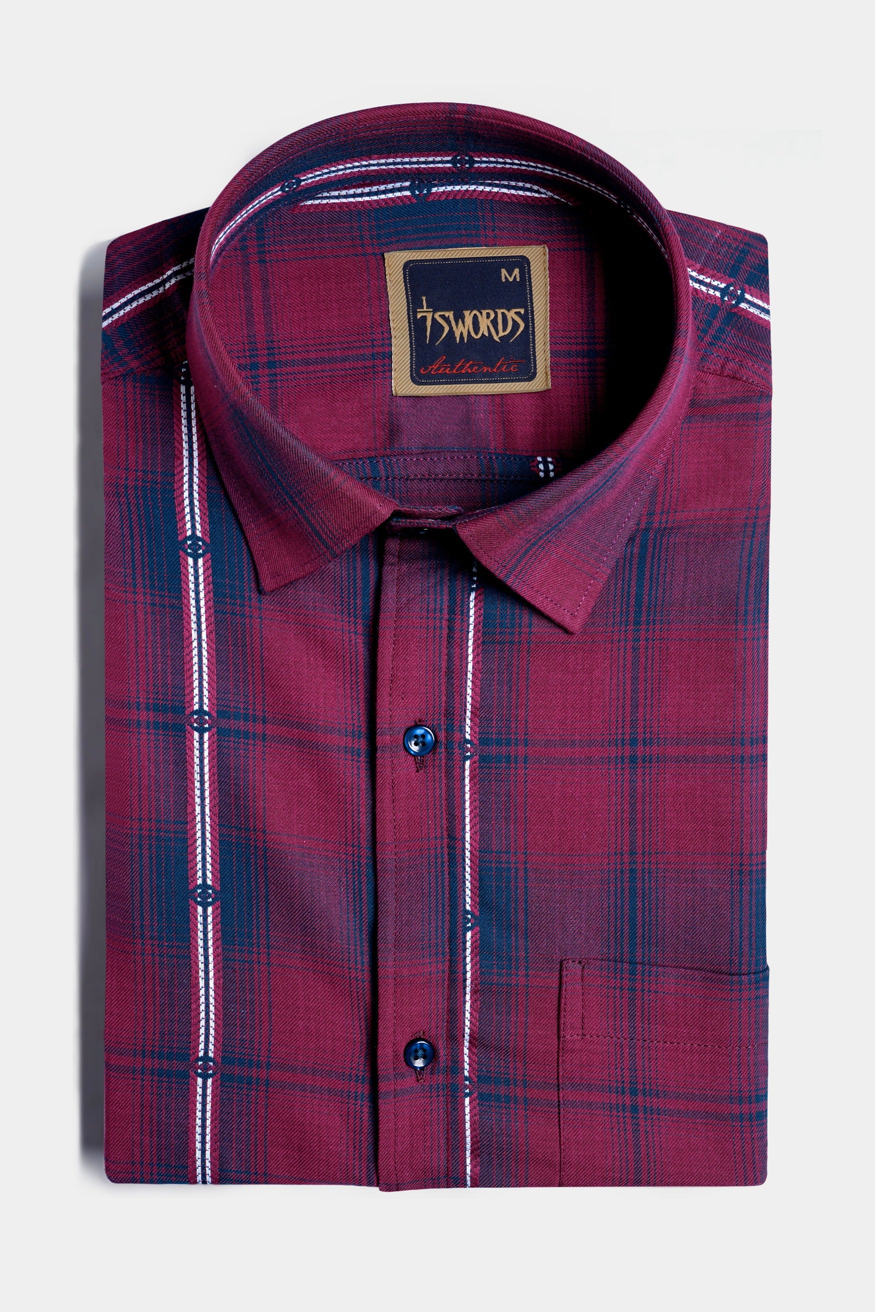 7swords-Pansy Maroon and Ebony Clay Blue Plaid Premium Cotton Shirt