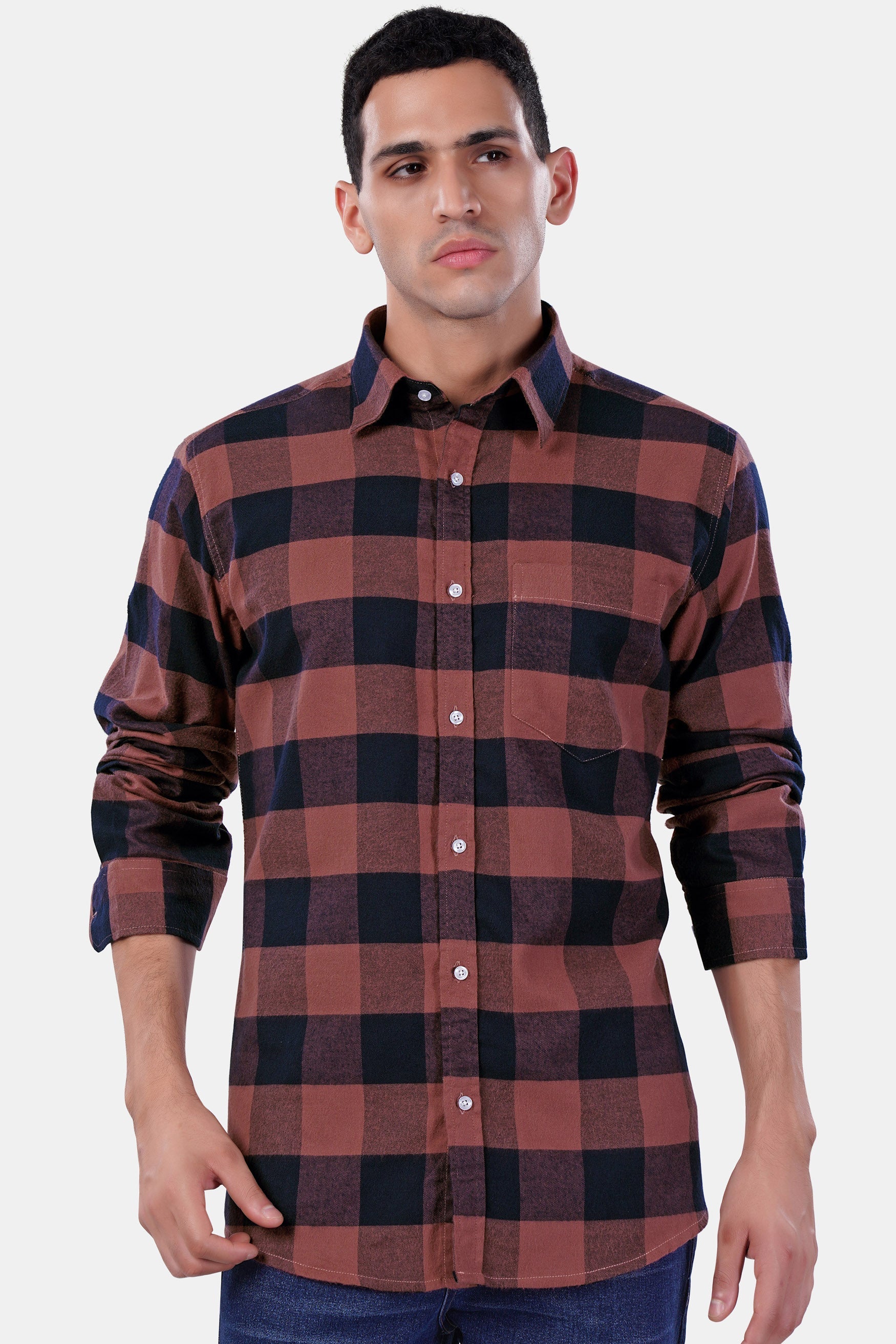 7swords-Cordovan Brown and Firefly Blue Checked Premium Cotton Shirt