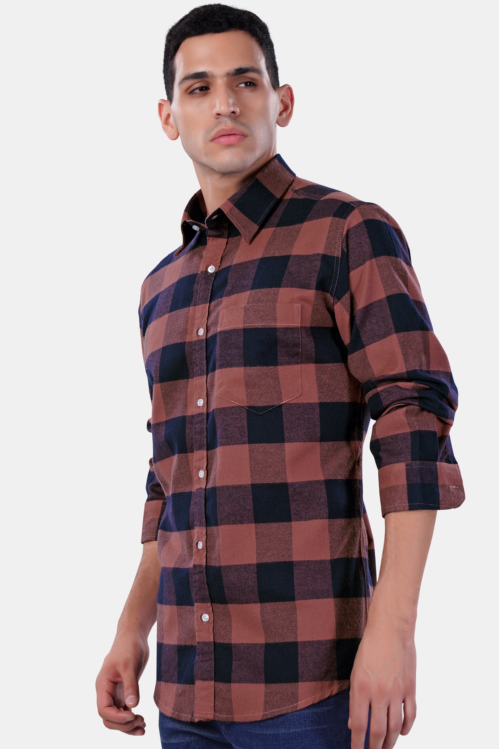 7swords-Cordovan Brown and Firefly Blue Checked Premium Cotton Shirt