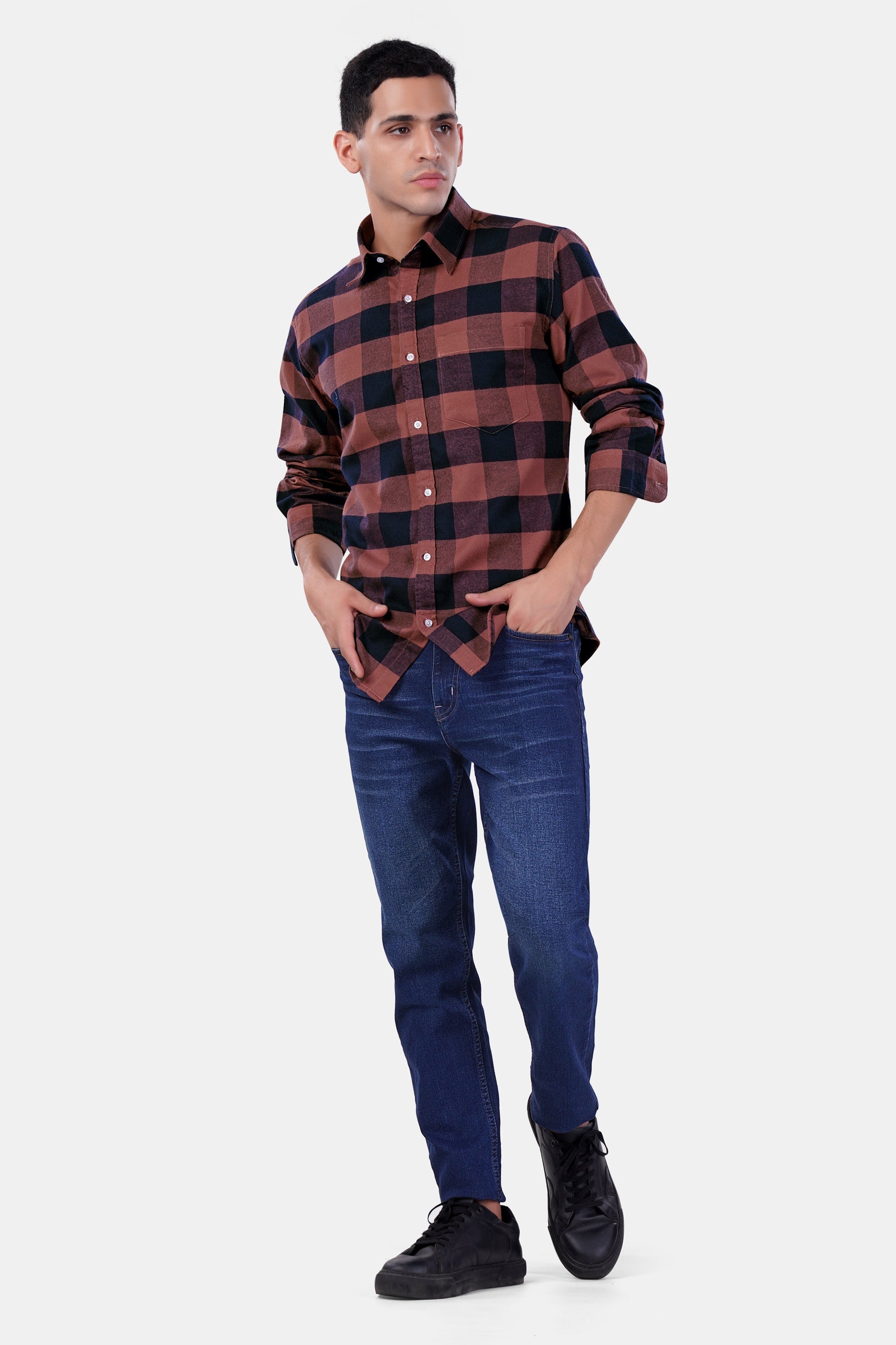 7swords-Cordovan Brown and Firefly Blue Checked Premium Cotton Shirt