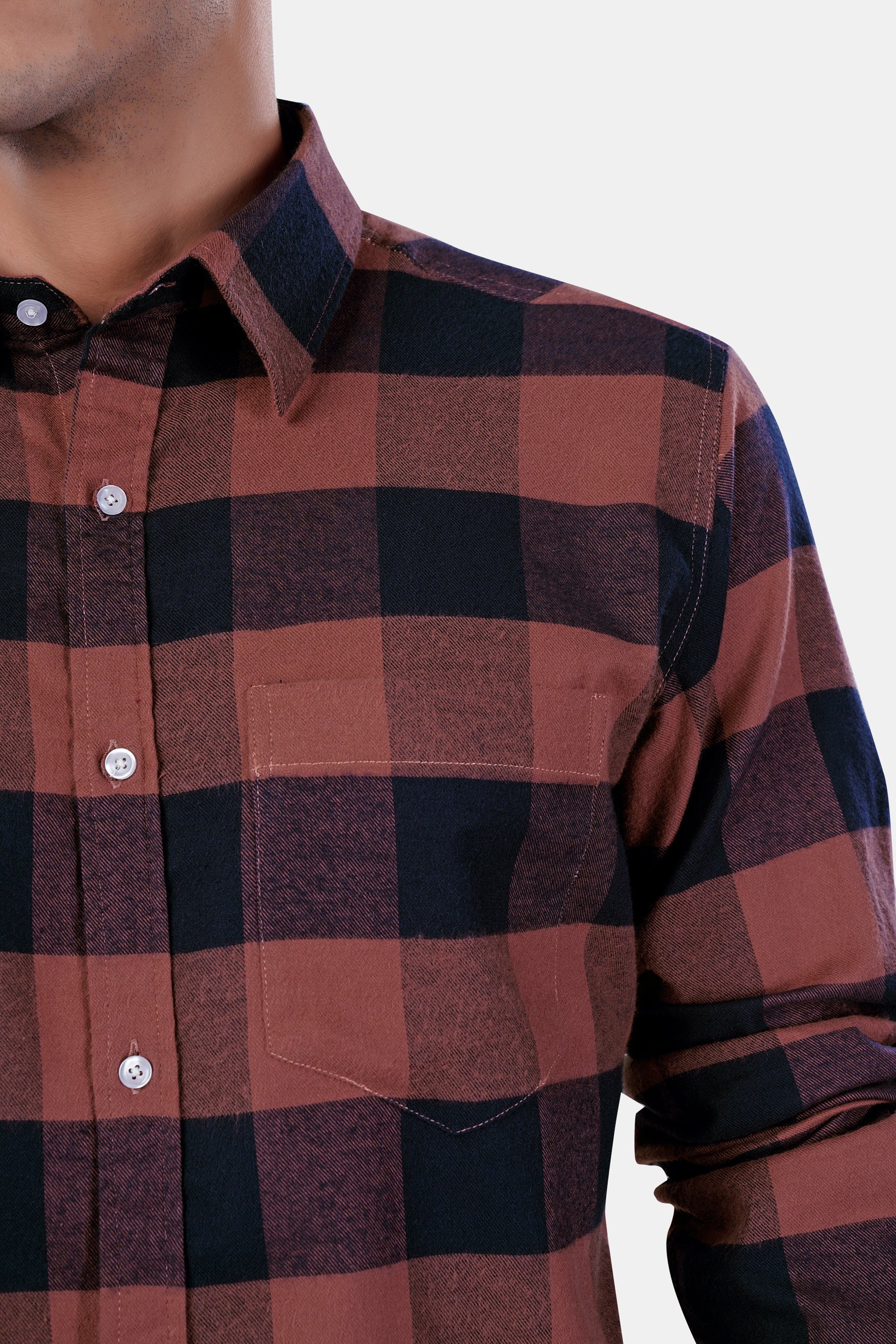 7swords-Cordovan Brown and Firefly Blue Checked Premium Cotton Shirt