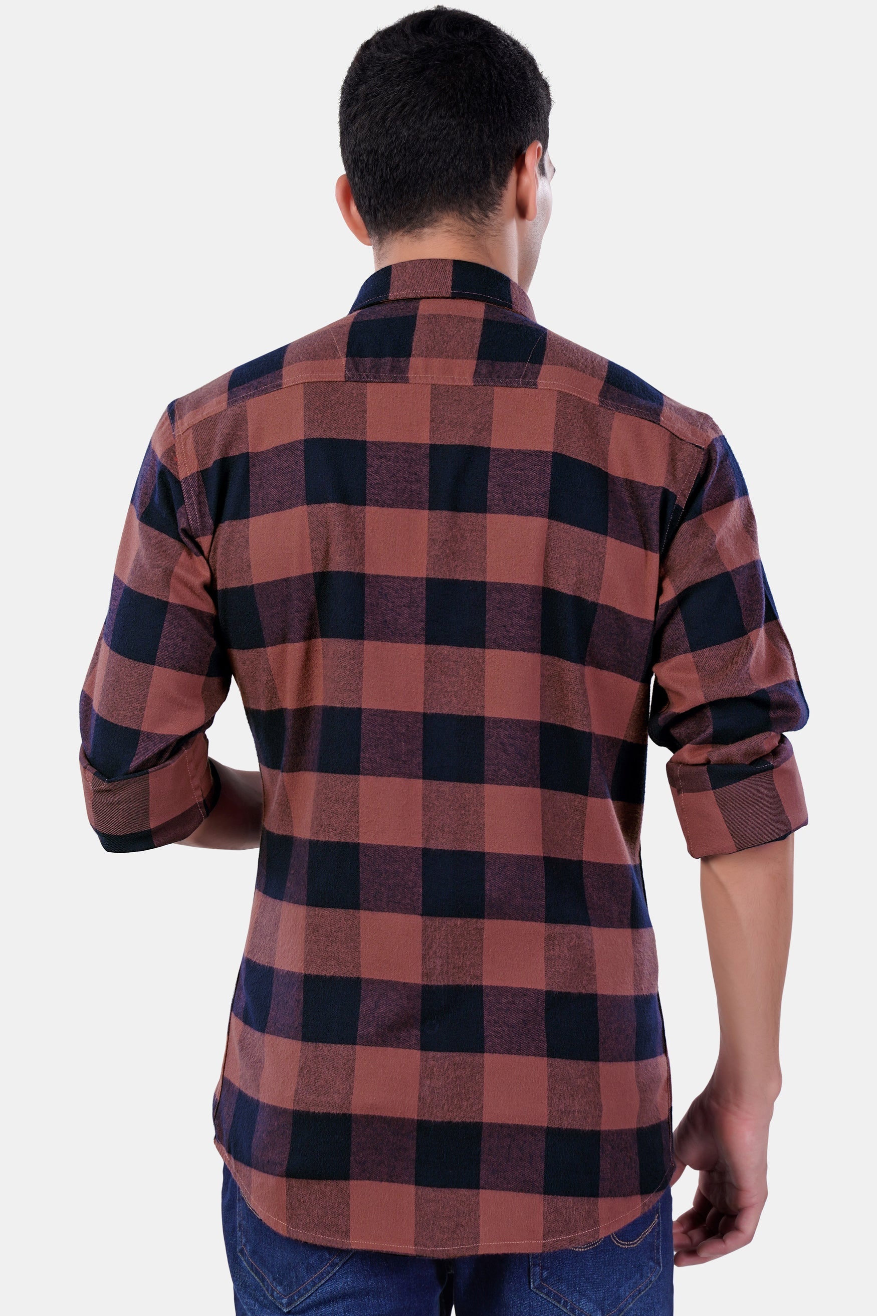 7swords-Cordovan Brown and Firefly Blue Checked Premium Cotton Shirt