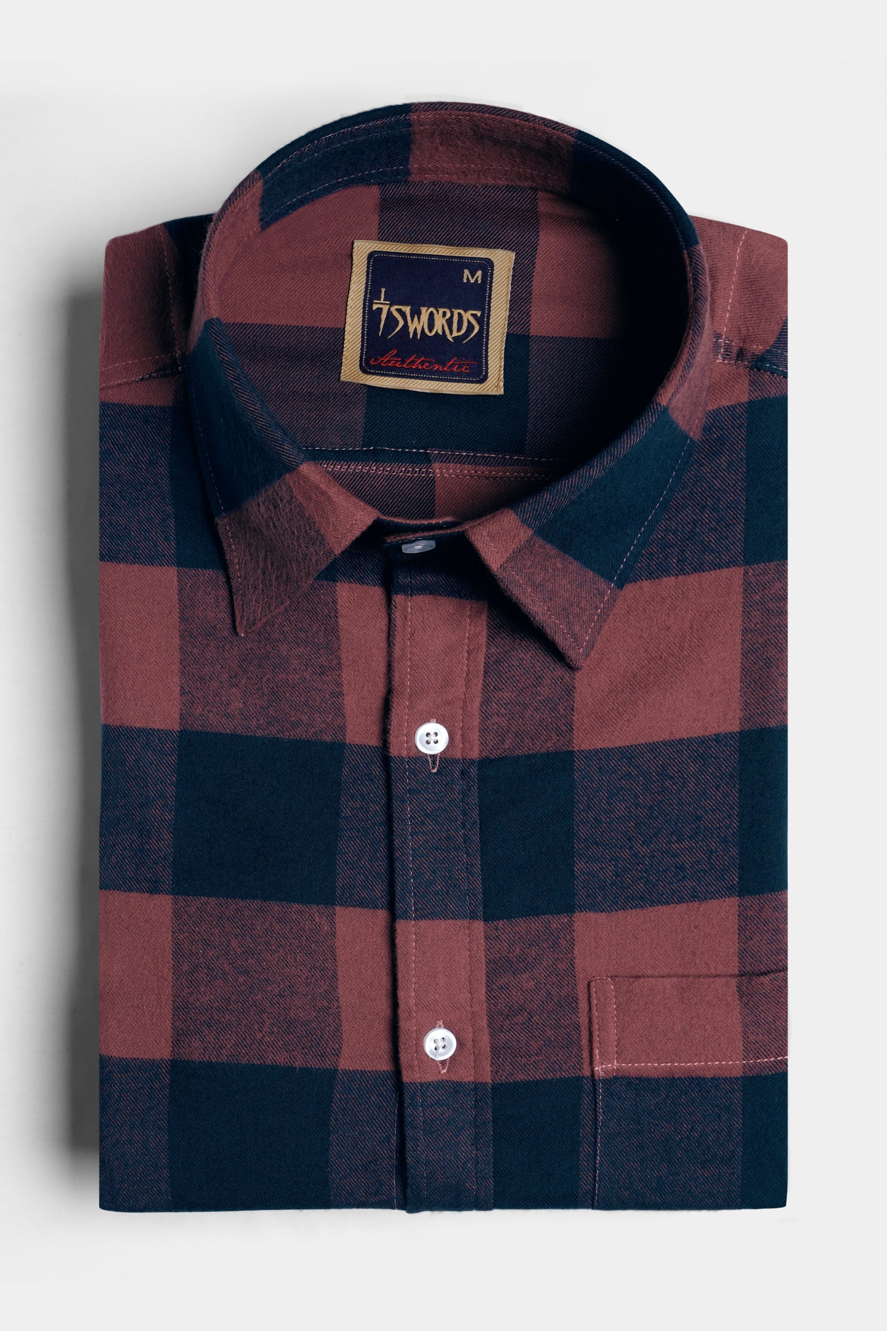 7swords-Cordovan Brown and Firefly Blue Checked Premium Cotton Shirt