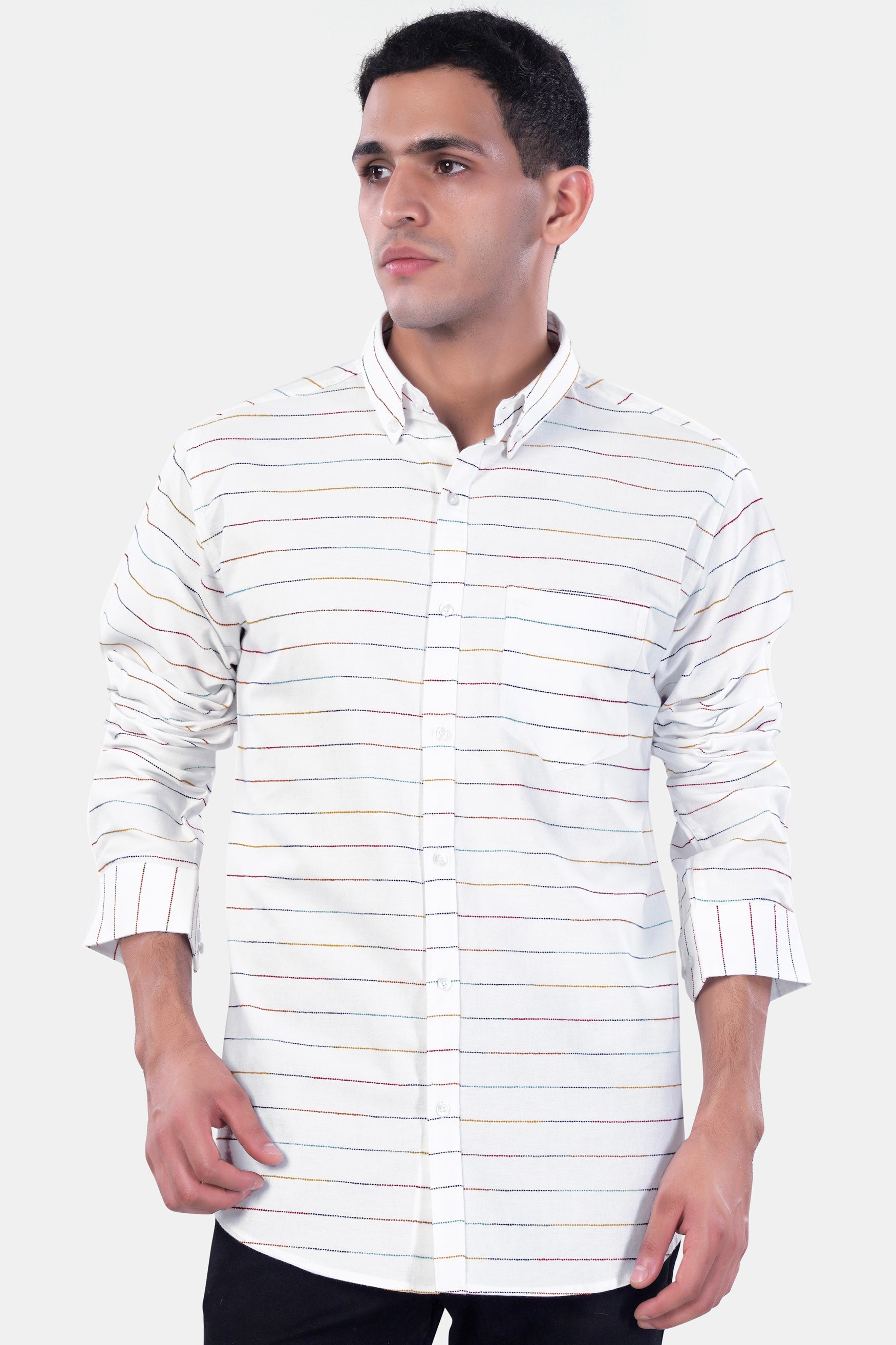 7swords-Bright White Multicolour Striped Premium Cotton Shirt