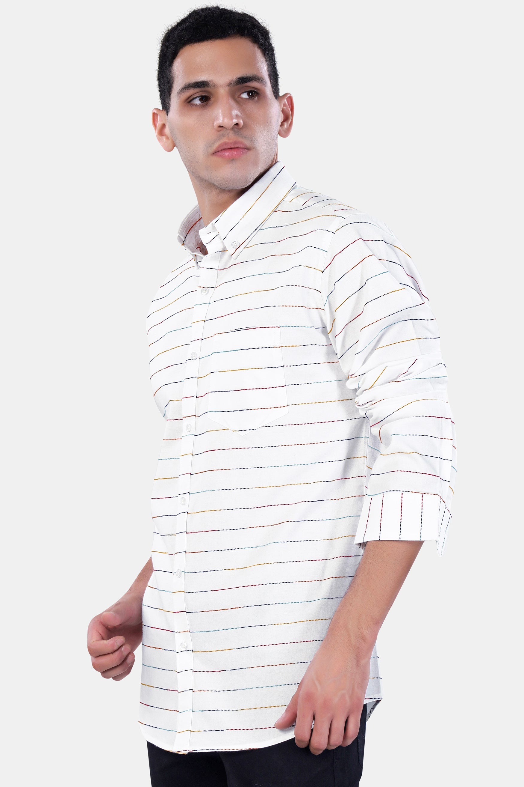 7swords-Bright White Multicolour Striped Premium Cotton Shirt