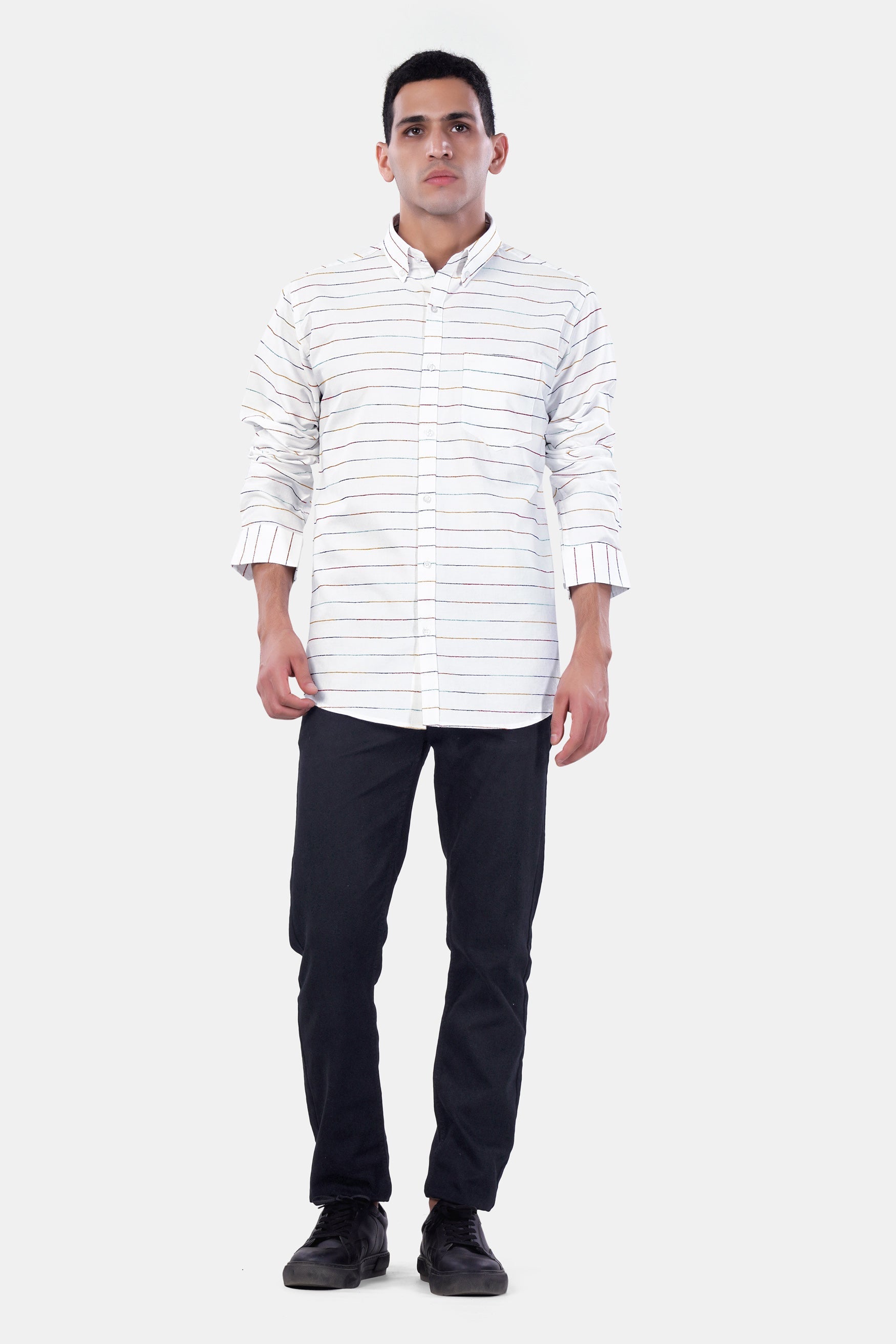 7swords-Bright White Multicolour Striped Premium Cotton Shirt