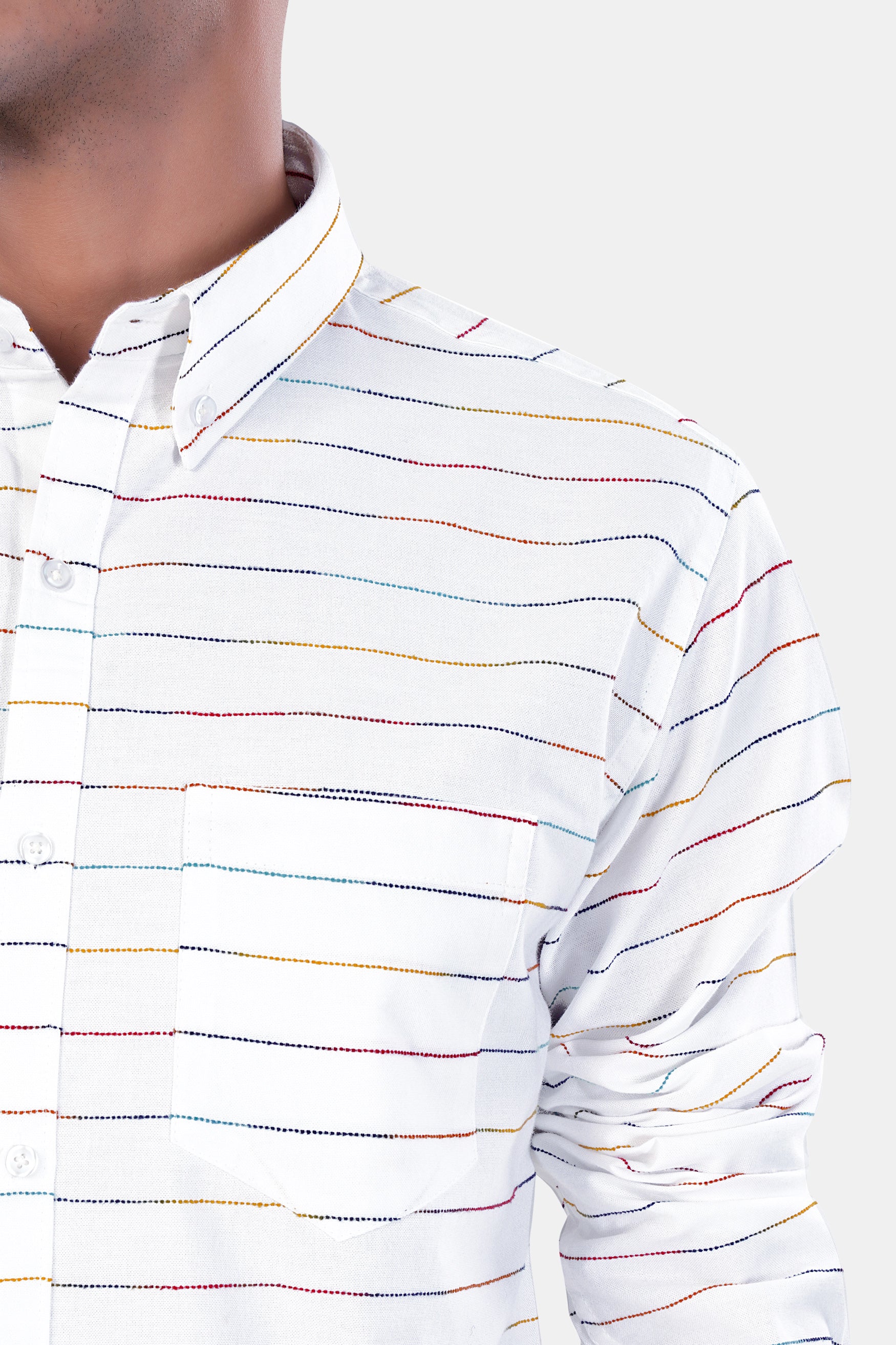 7swords-Bright White Multicolour Striped Premium Cotton Shirt