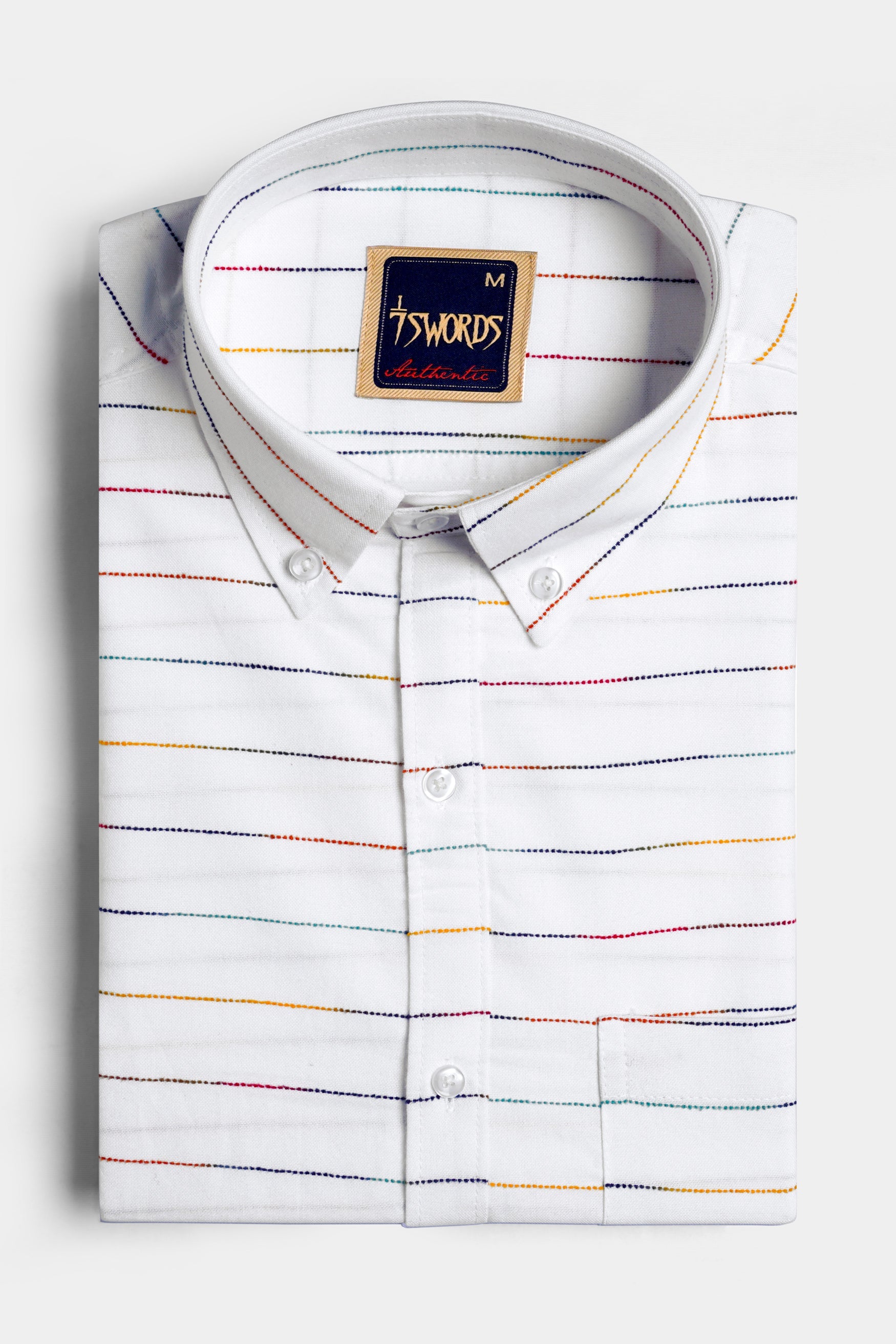 7swords-Bright White Multicolour Striped Premium Cotton Shirt