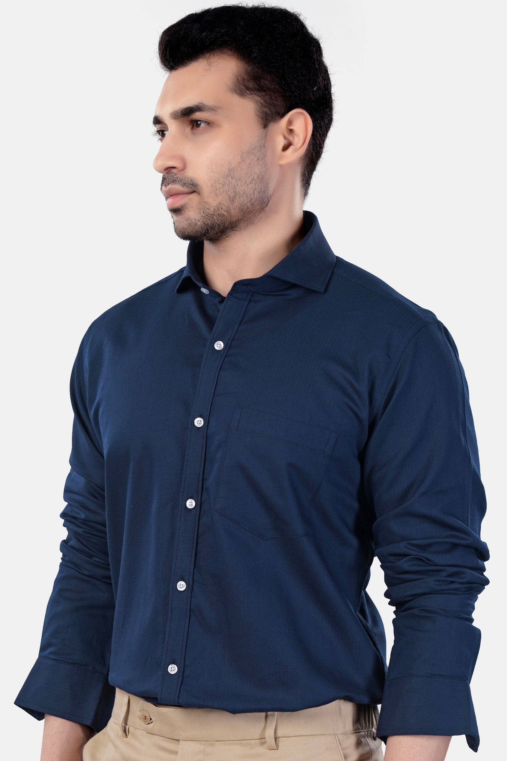 7swords-Gable Blue Herringbone Pattern Premium Cotton Shirt