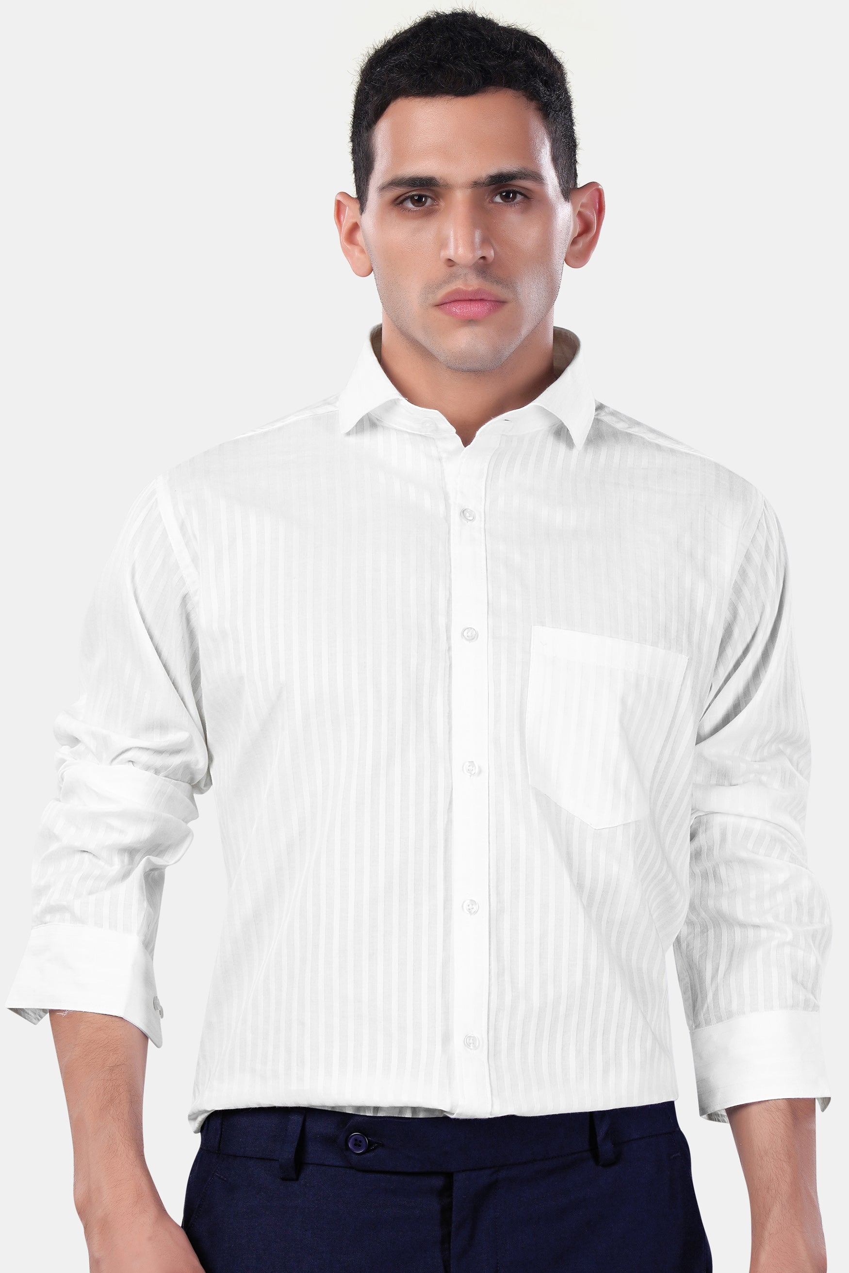 7swords-Bright White Striped Premium Cotton Shirt