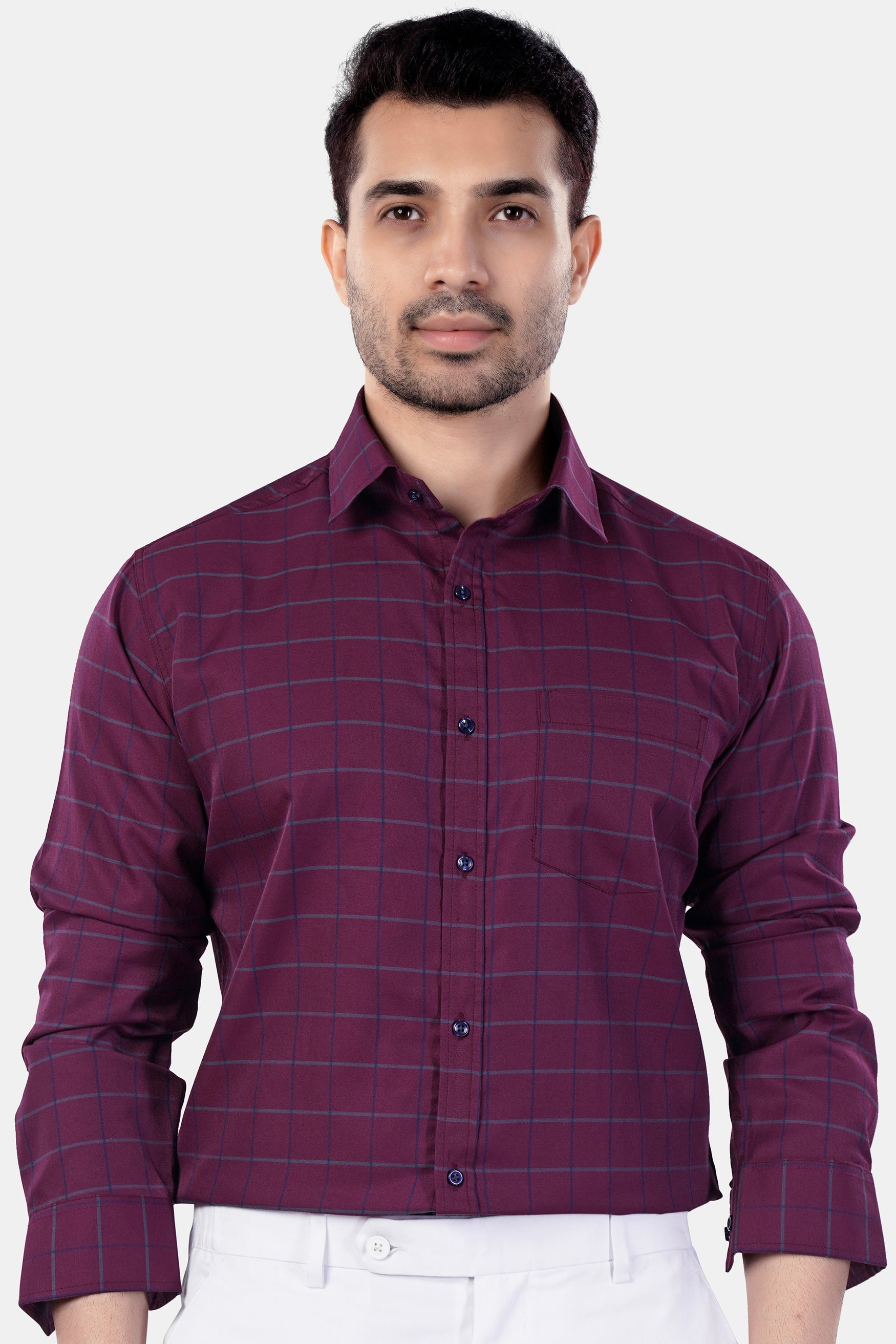 7swords-Palatinate Burgundy and Slate Gray Windowpane Premium Cotton Shirt