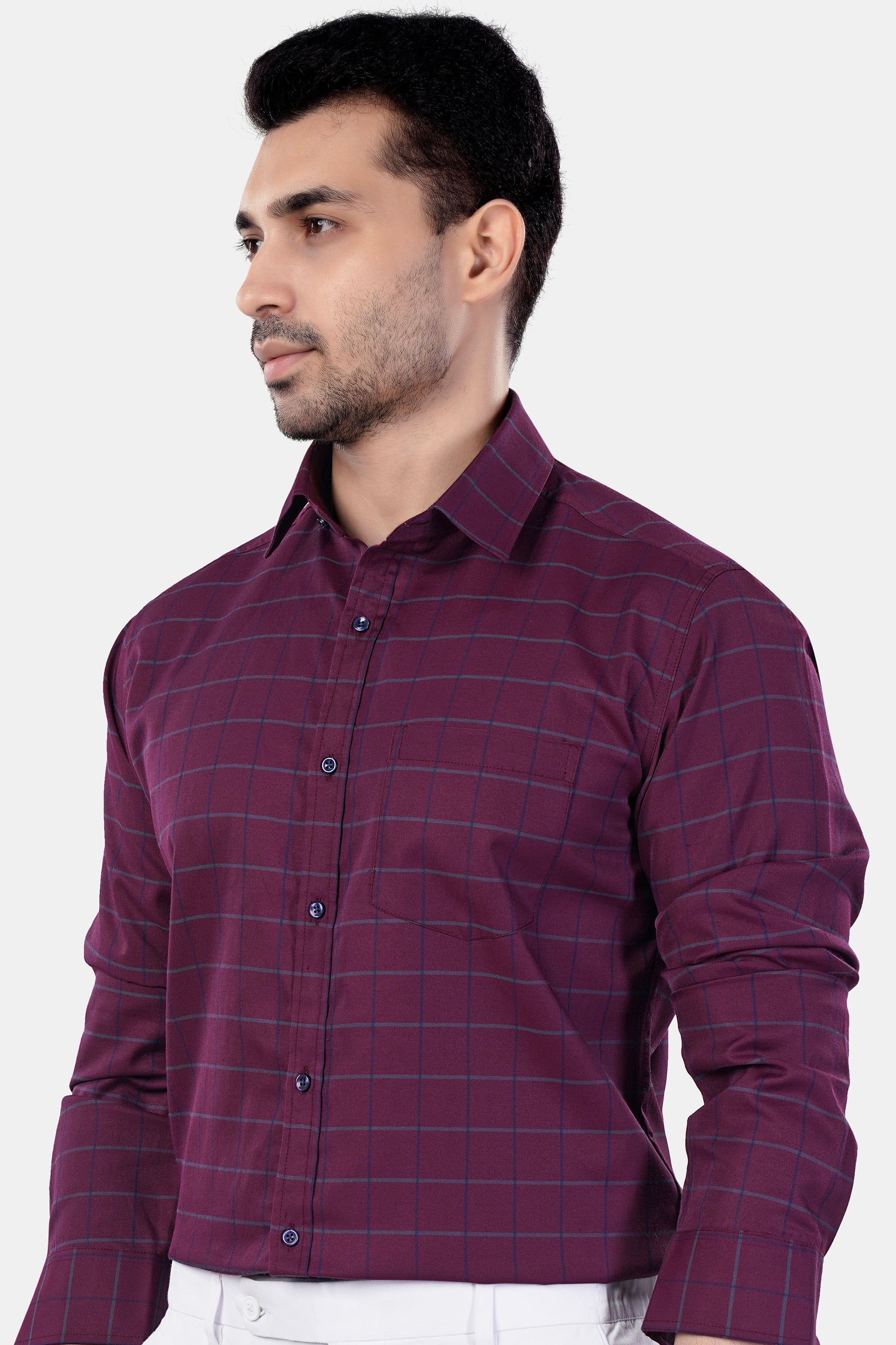 7swords-Palatinate Burgundy and Slate Gray Windowpane Premium Cotton Shirt