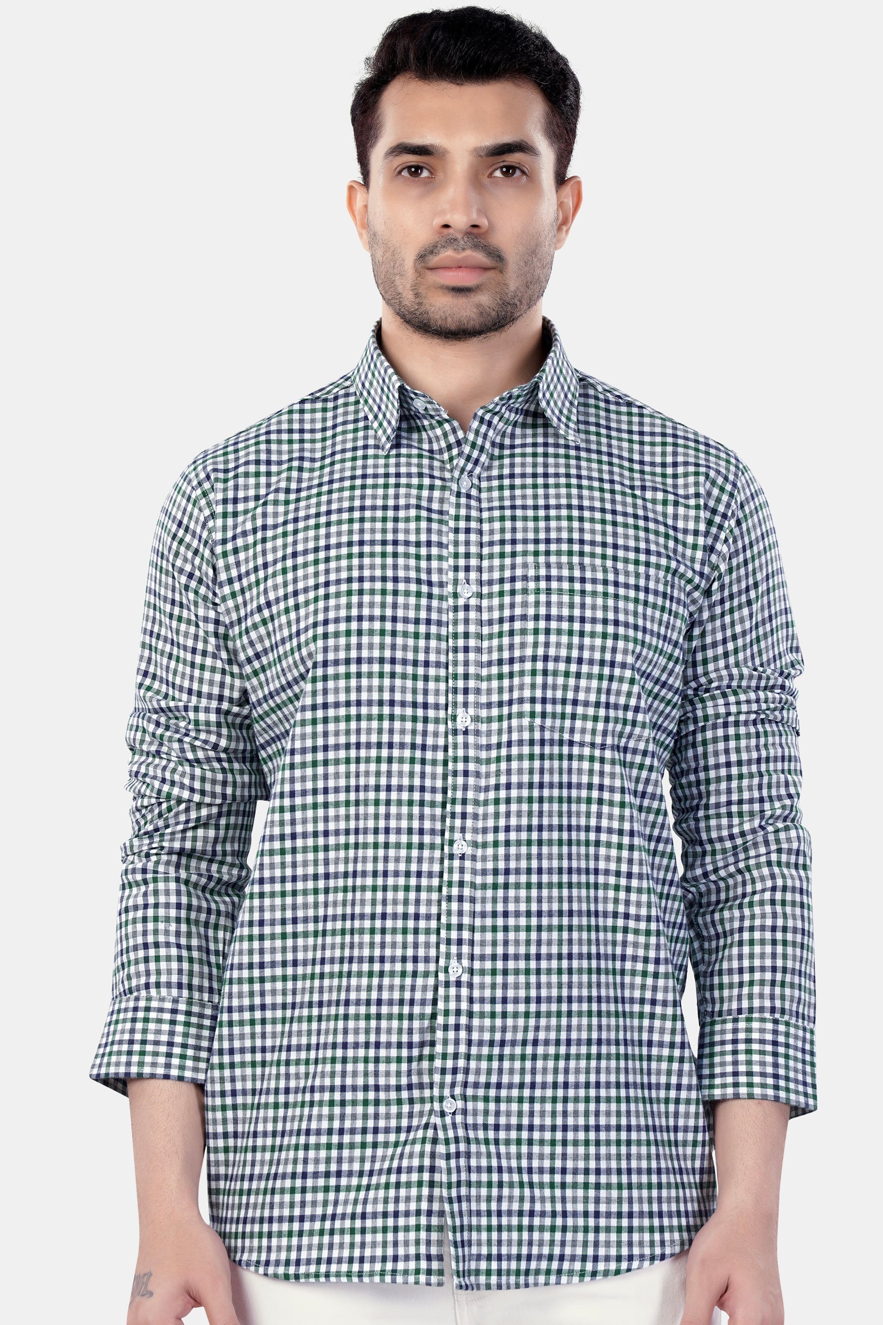 7swords-Bright White and Spruce Green Multi Color Checkered Premium Cotton Shirt