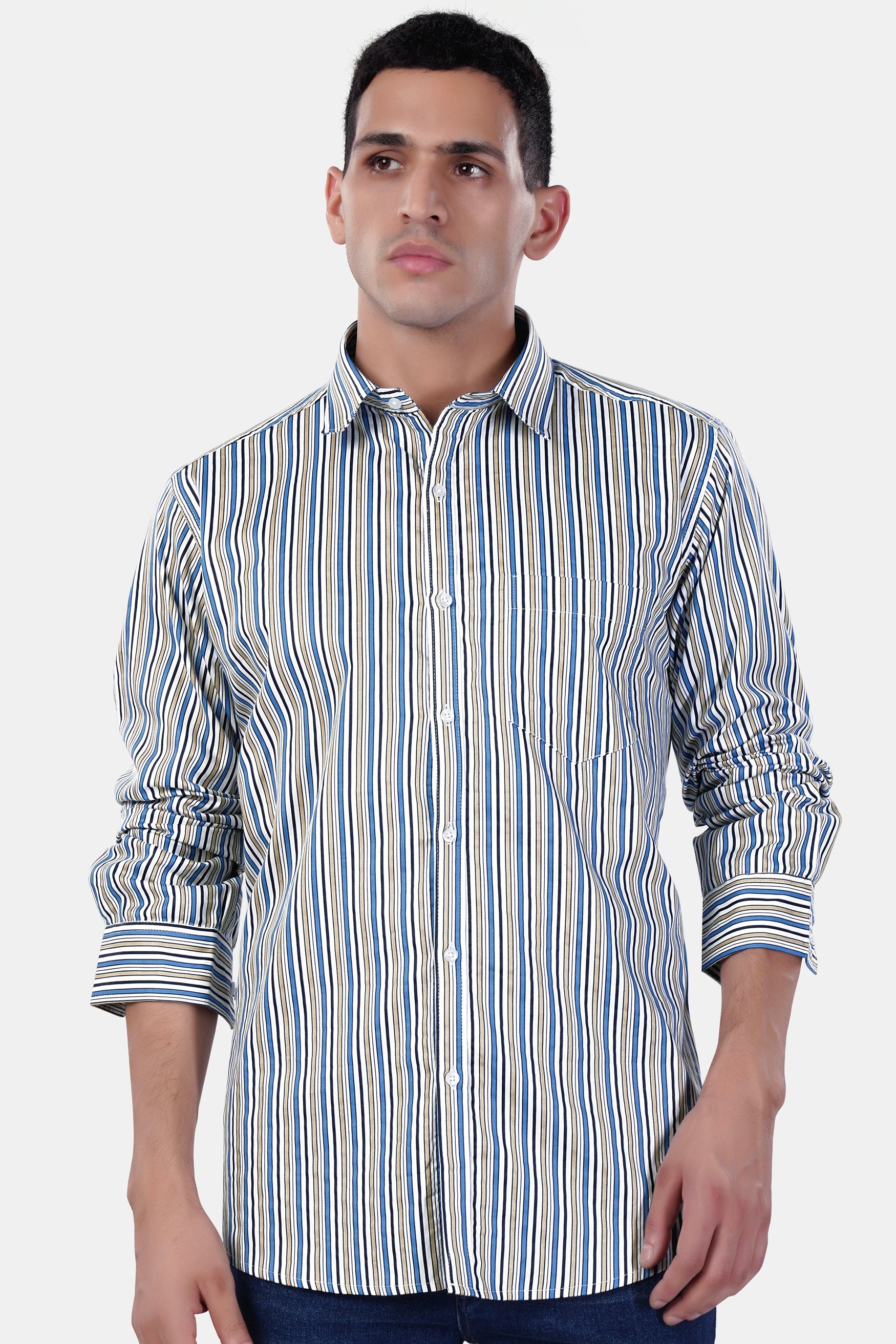 7swords-Bright White and Astral Blue Multicolor Striped Premium Cotton Shirt