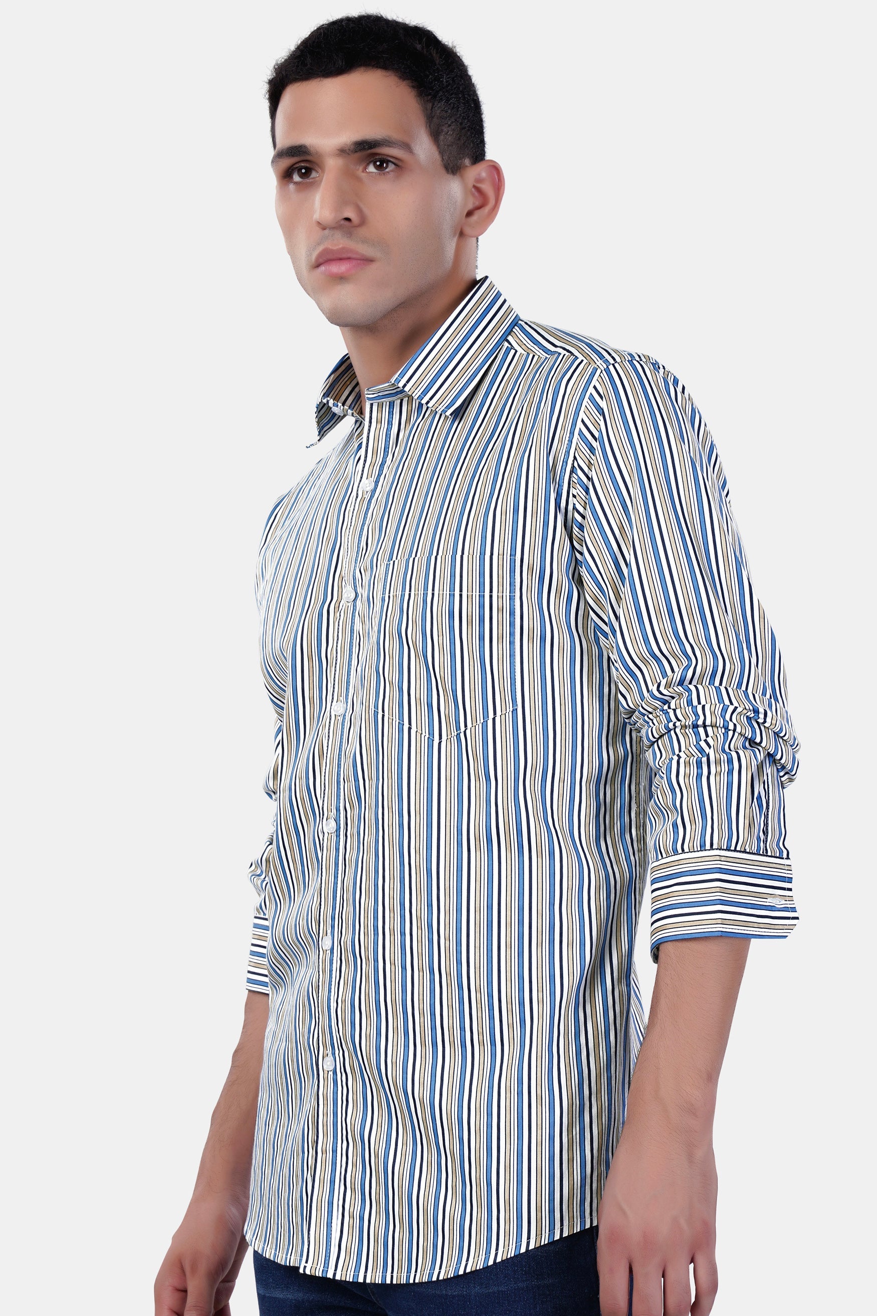 7swords-Bright White and Astral Blue Multicolor Striped Premium Cotton Shirt