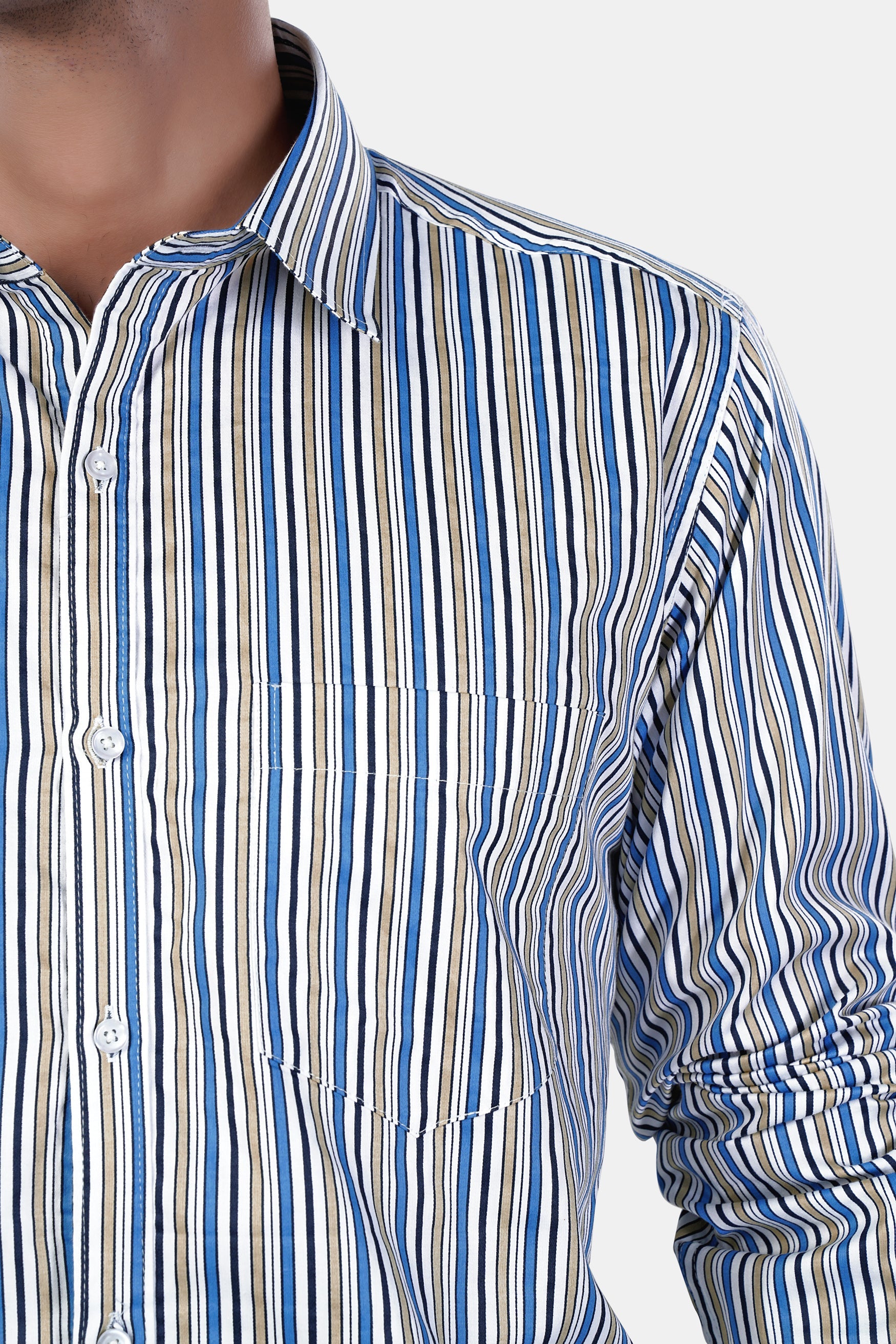 7swords-Bright White and Astral Blue Multicolor Striped Premium Cotton Shirt