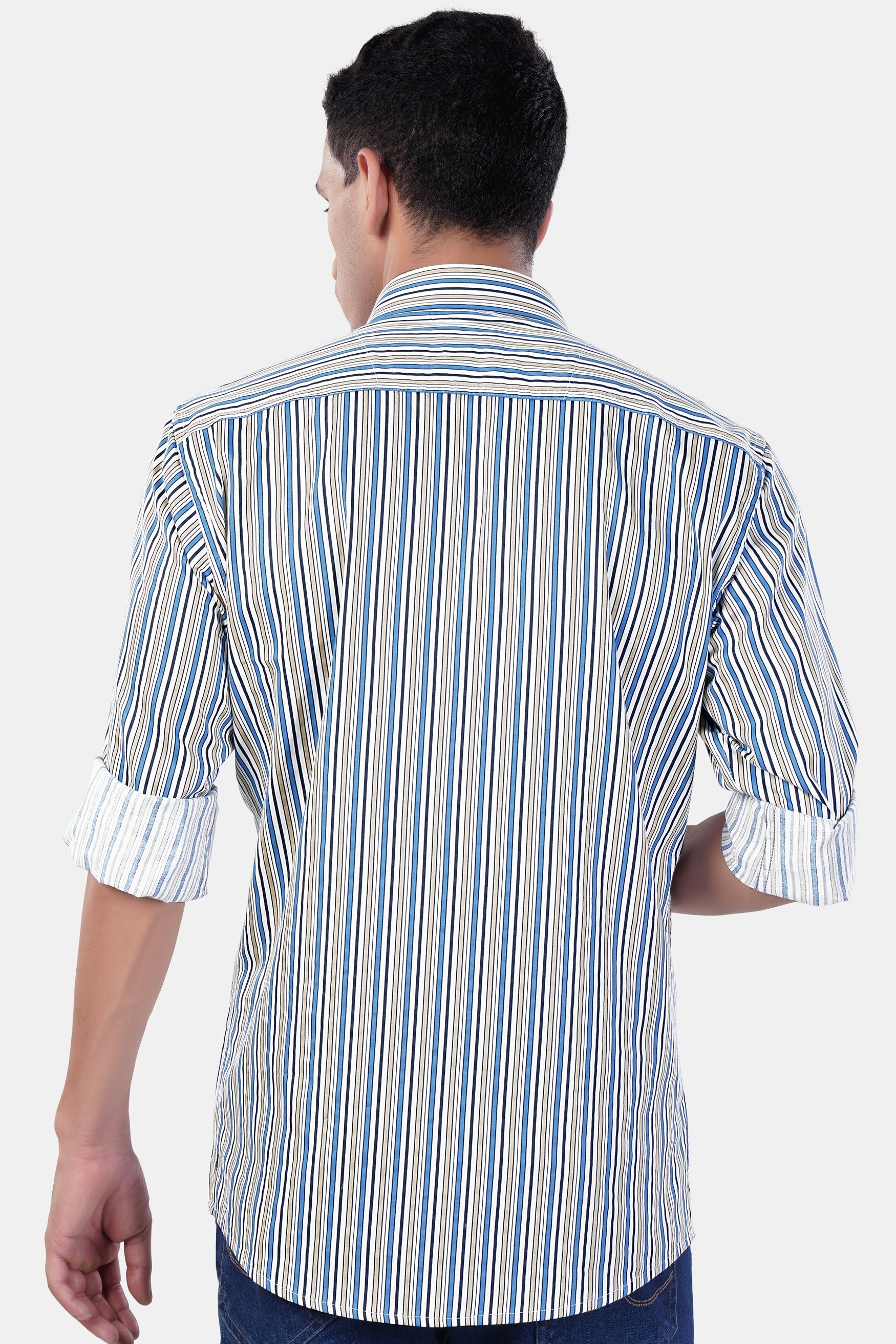 7swords-Bright White and Astral Blue Multicolor Striped Premium Cotton Shirt