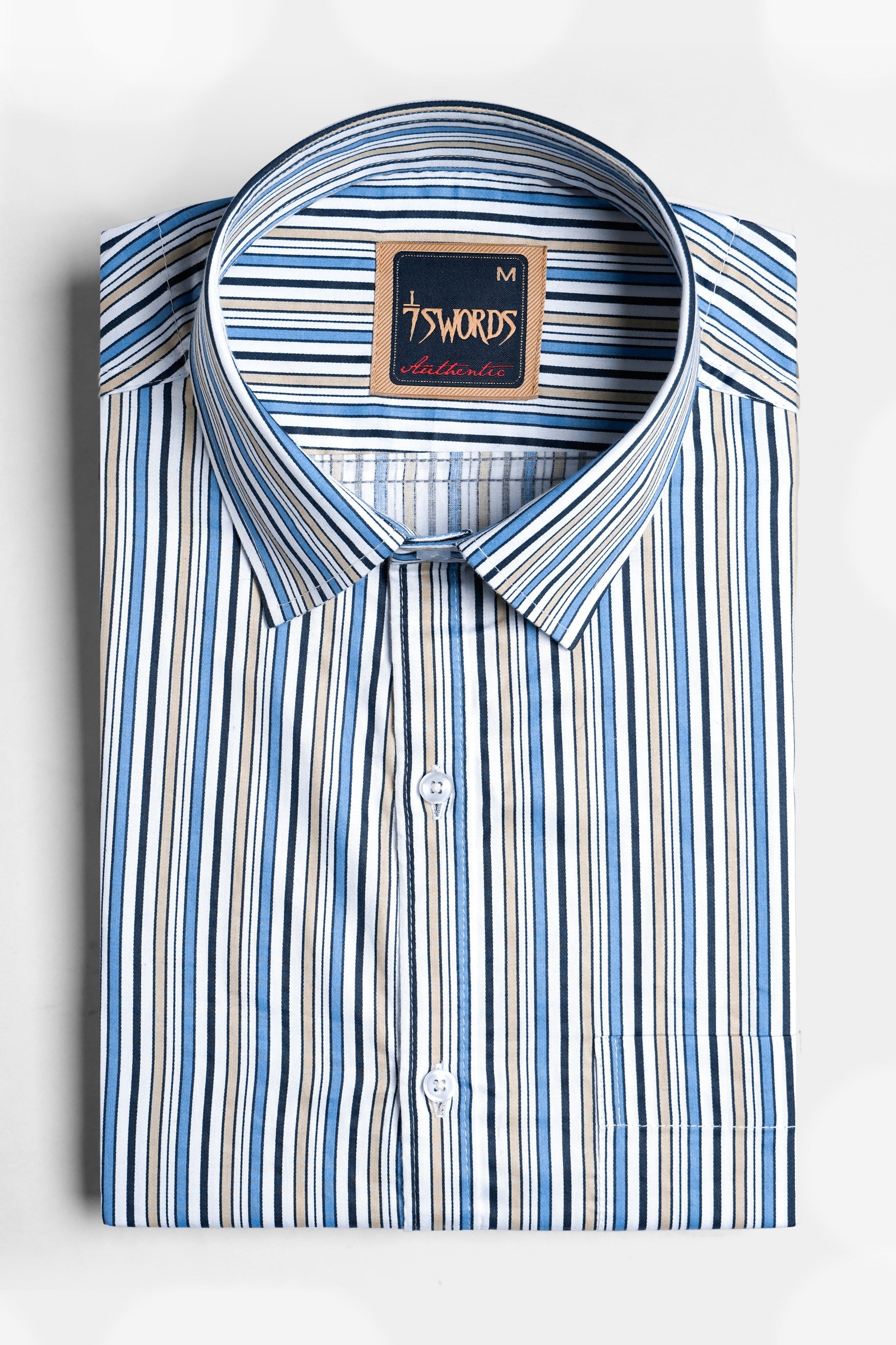 7swords-Bright White and Astral Blue Multicolor Striped Premium Cotton Shirt