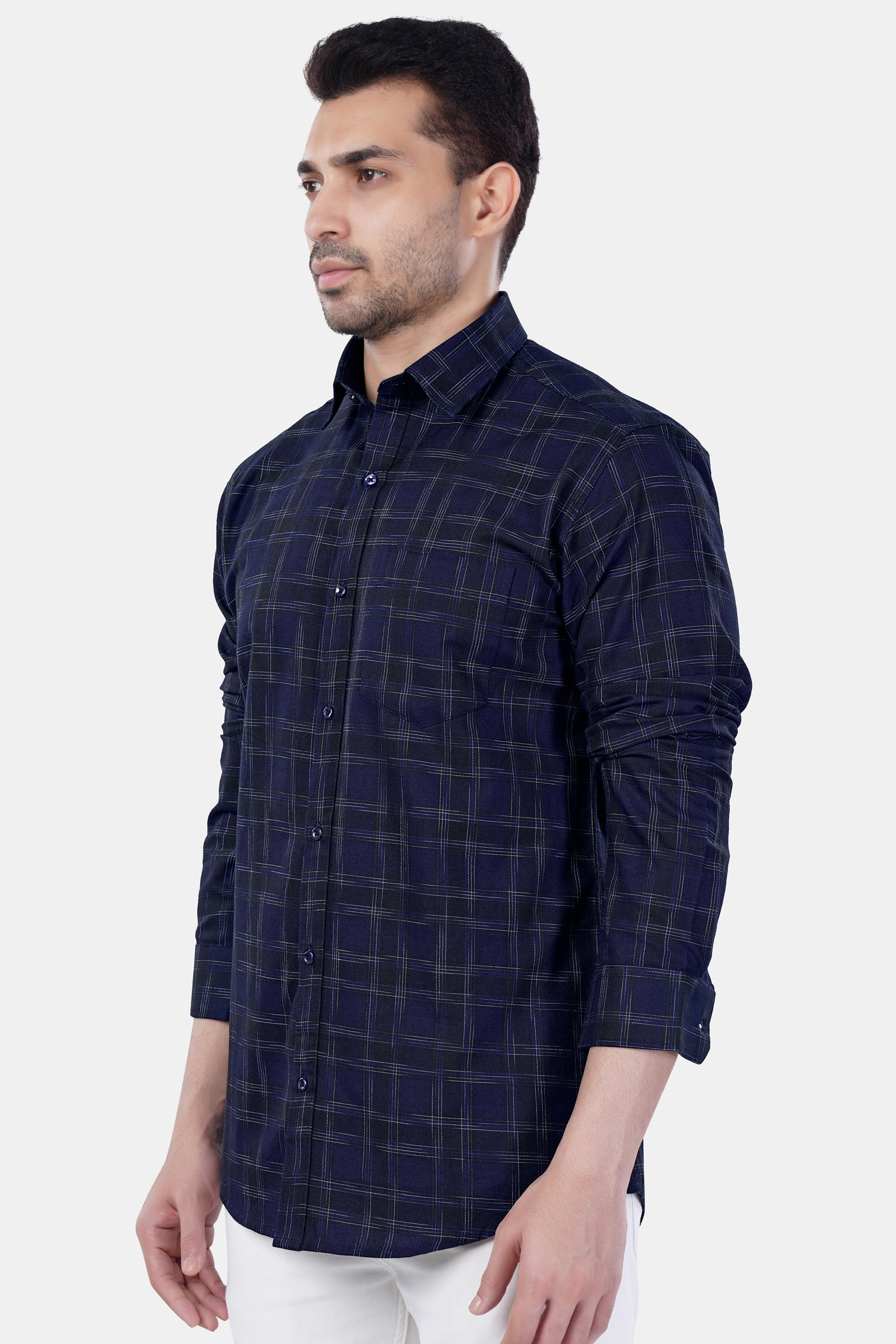 7swords-Cinder Blue and White Checkered Premium Cotton Shirt