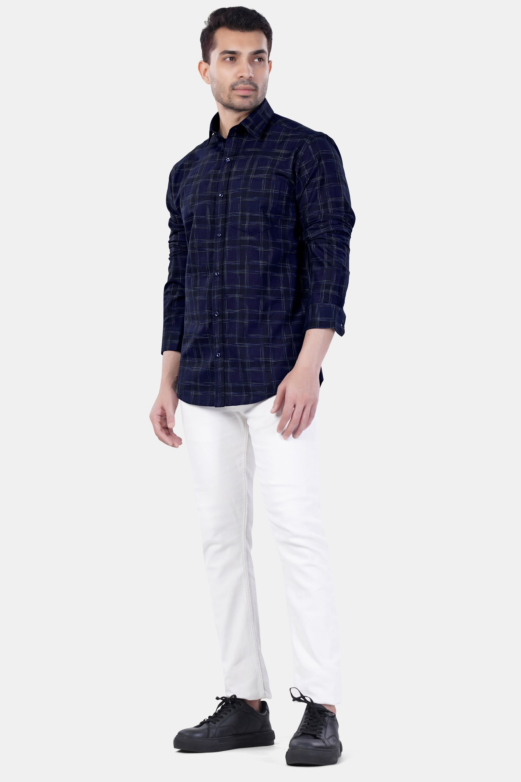 7swords-Cinder Blue and White Checkered Premium Cotton Shirt