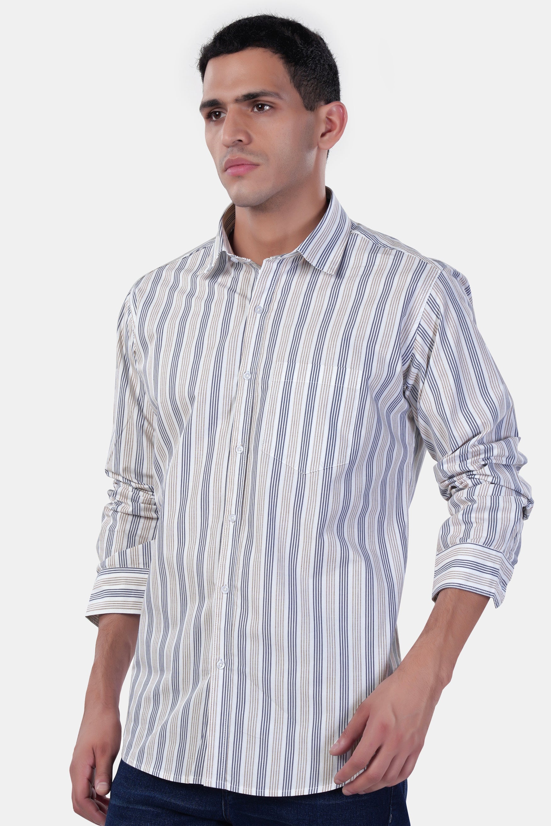 7swords-Bright White with Vanilla Brown and Fiord Blue Striped Premium Cotton Shirt