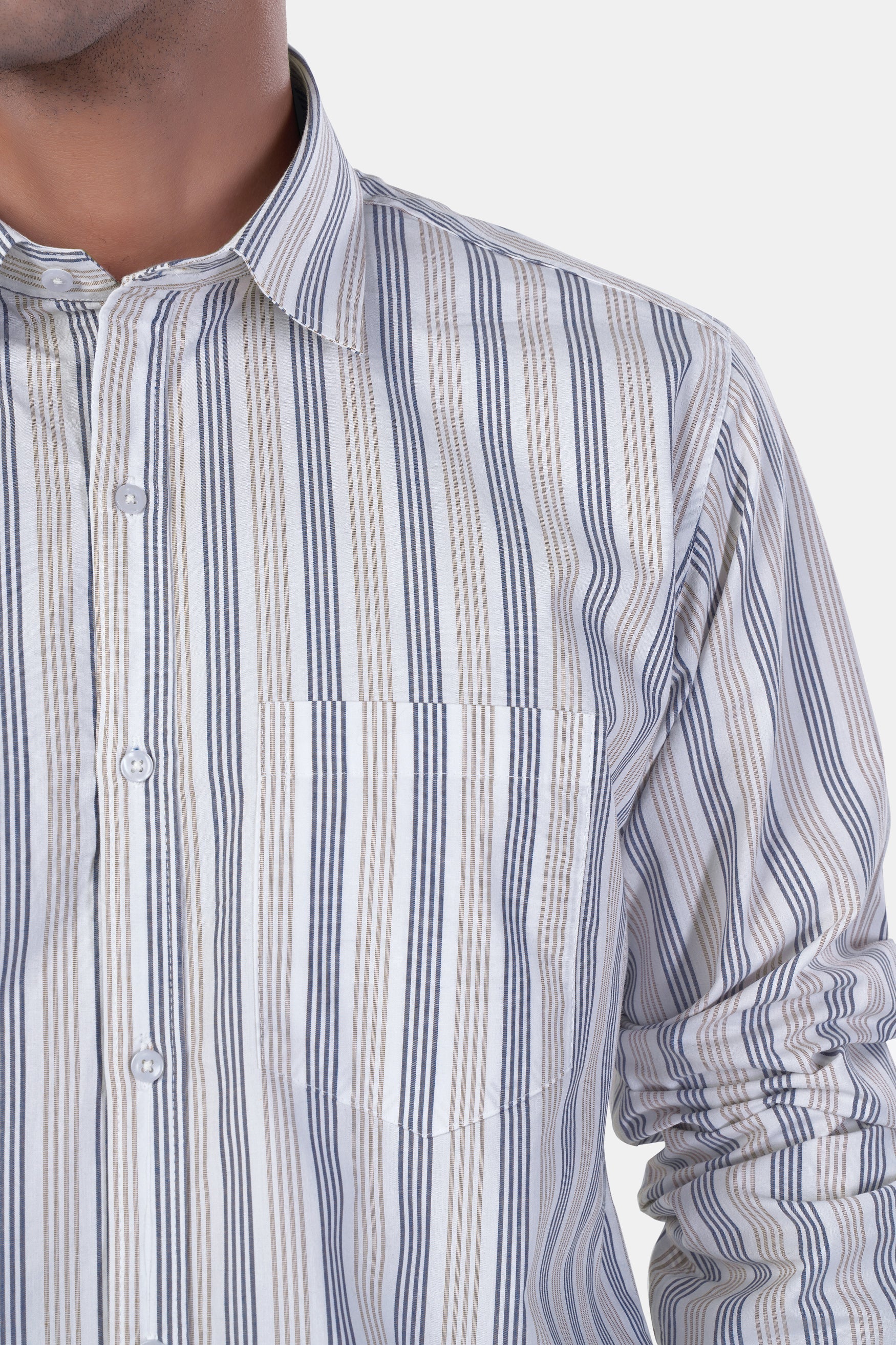 7swords-Bright White with Vanilla Brown and Fiord Blue Striped Premium Cotton Shirt