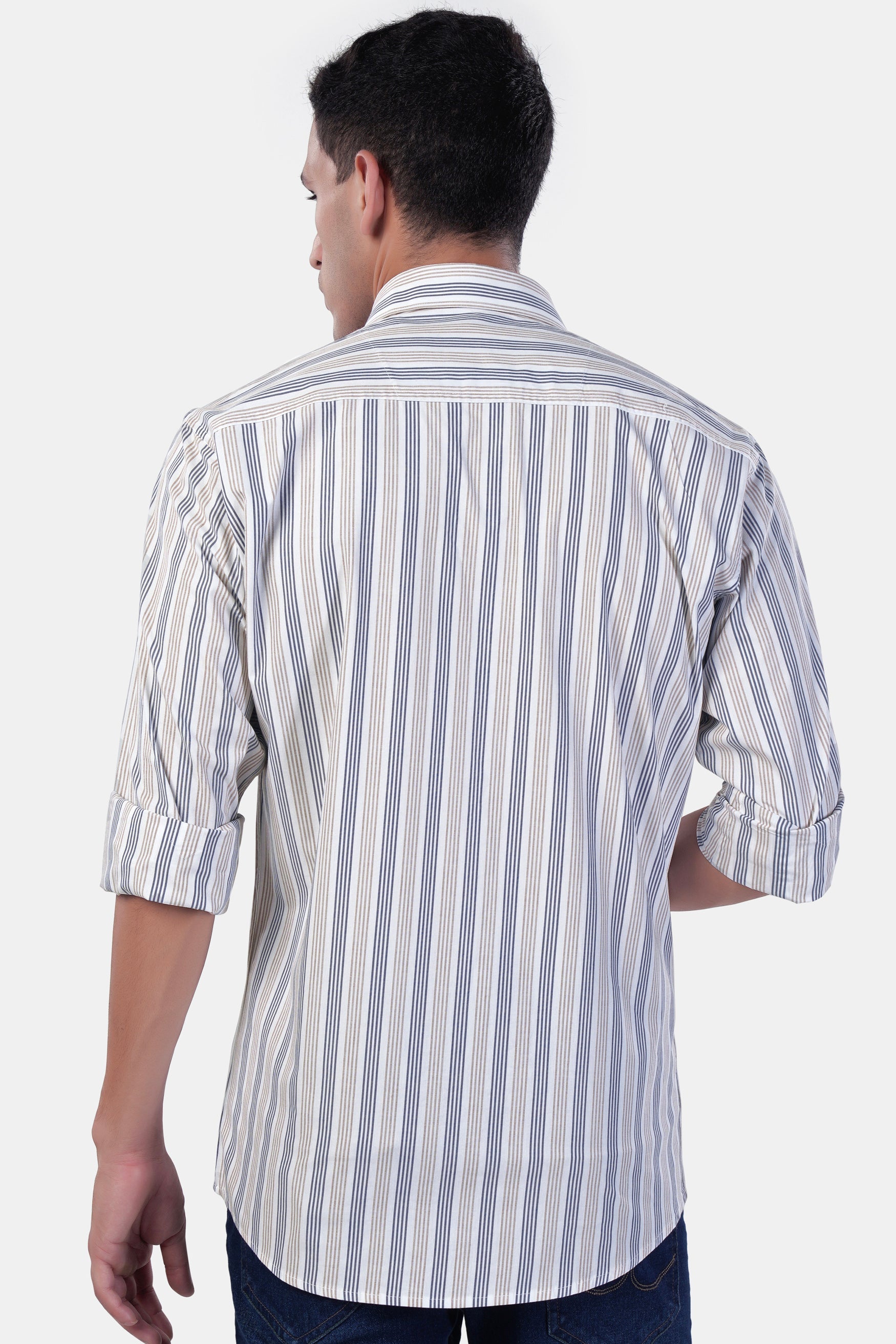 7swords-Bright White with Vanilla Brown and Fiord Blue Striped Premium Cotton Shirt