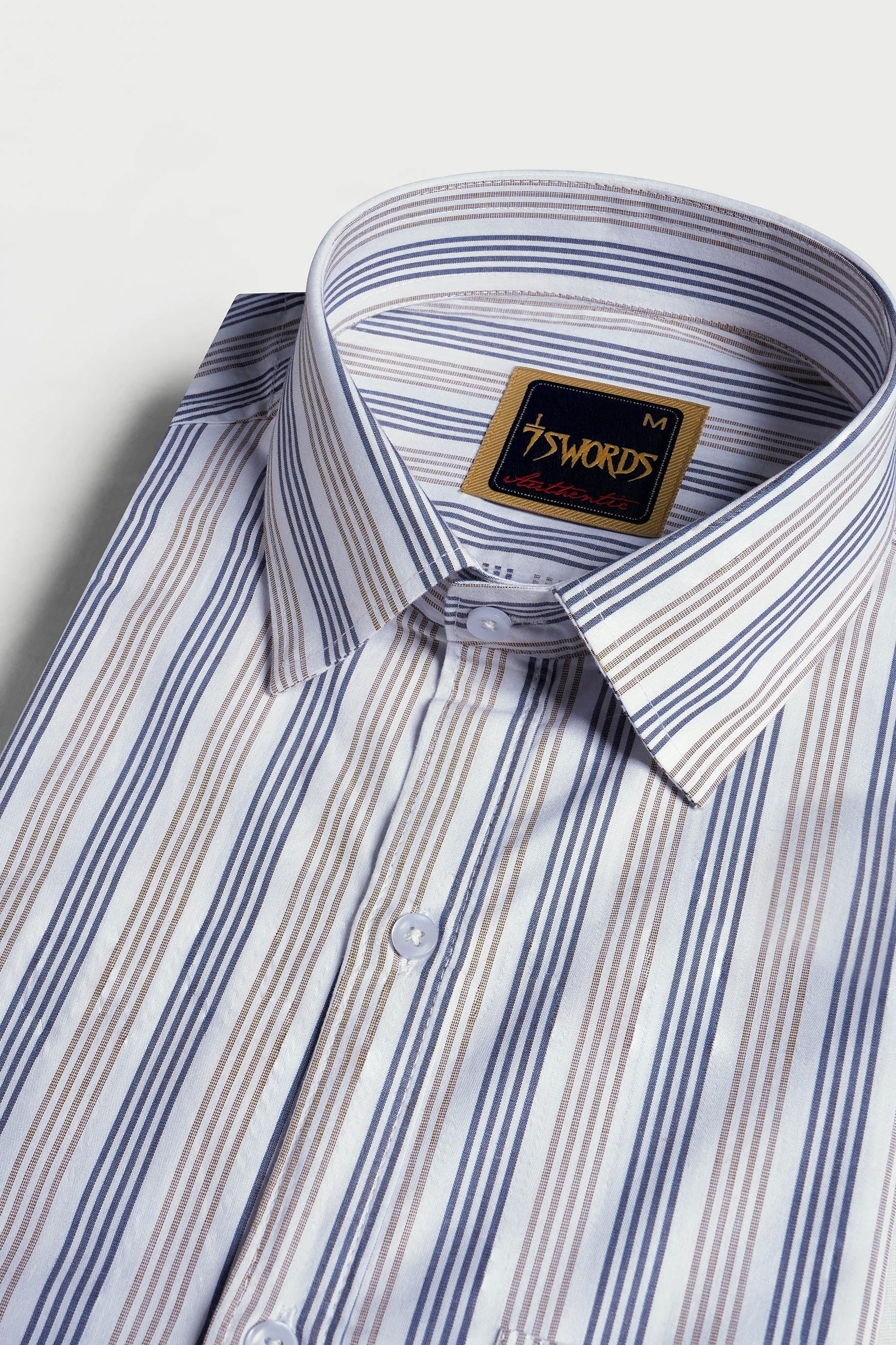 7swords-Bright White with Vanilla Brown and Fiord Blue Striped Premium Cotton Shirt