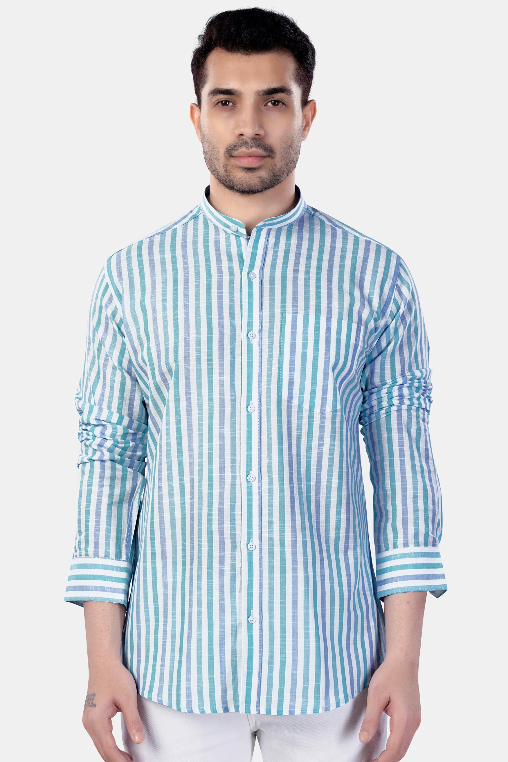 7swords-Bright White with Cascade Green and Yonder Blue Striped Premium Cotton Shirt