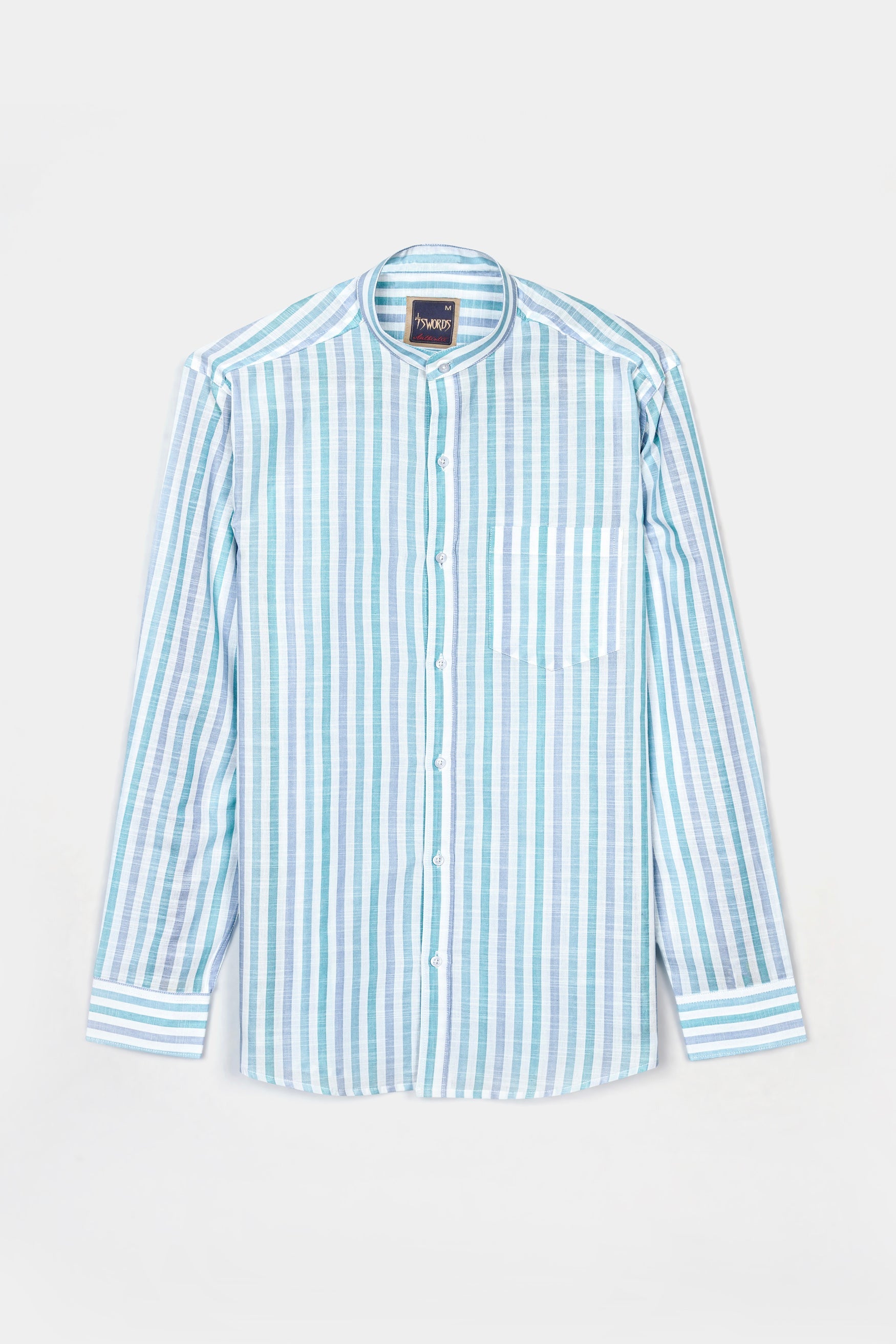 7swords-Bright White with Cascade Green and Yonder Blue Striped Premium Cotton Shirt