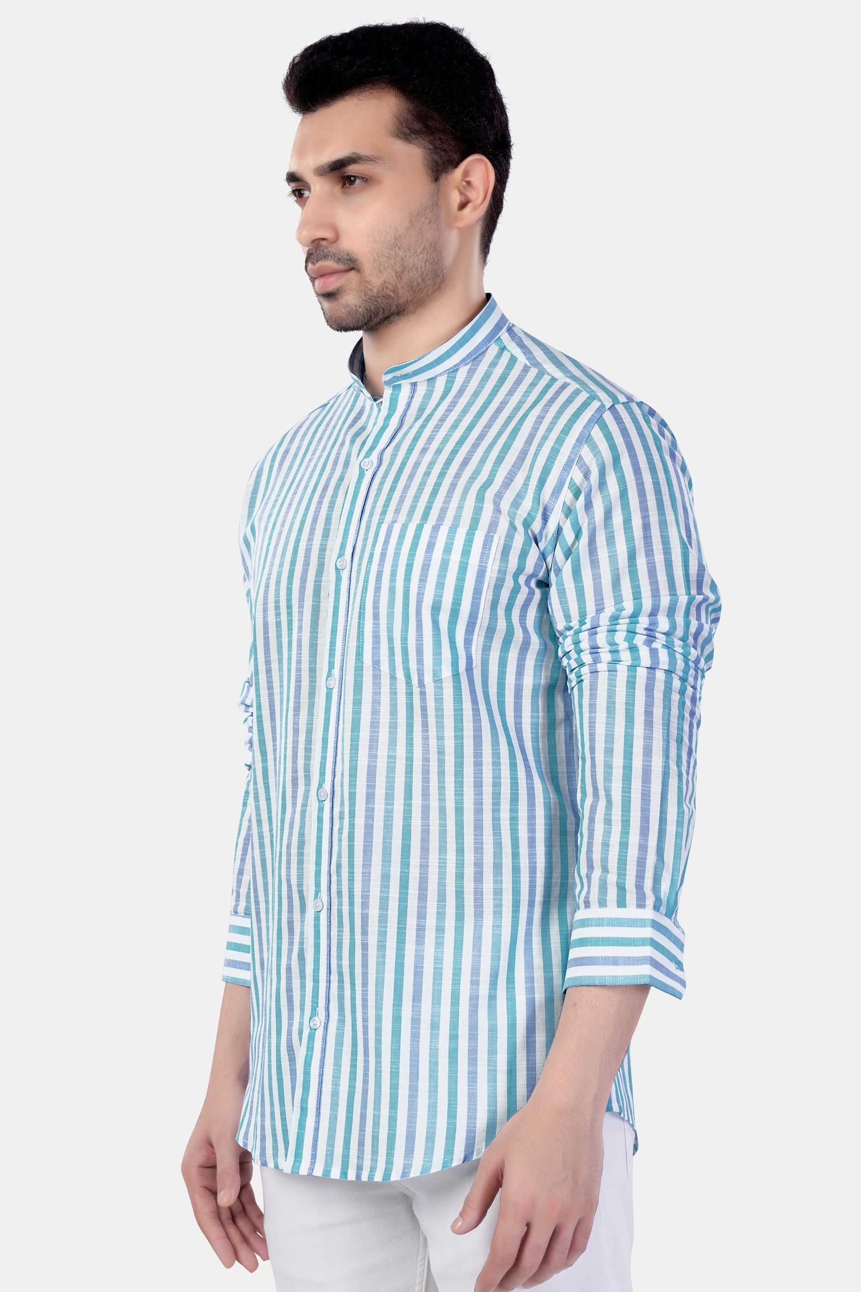 7swords-Bright White with Cascade Green and Yonder Blue Striped Premium Cotton Shirt