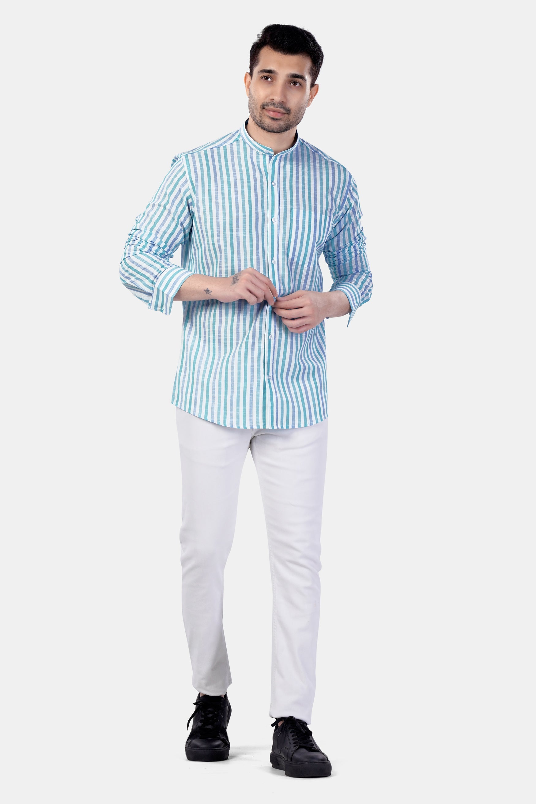 7swords-Bright White with Cascade Green and Yonder Blue Striped Premium Cotton Shirt