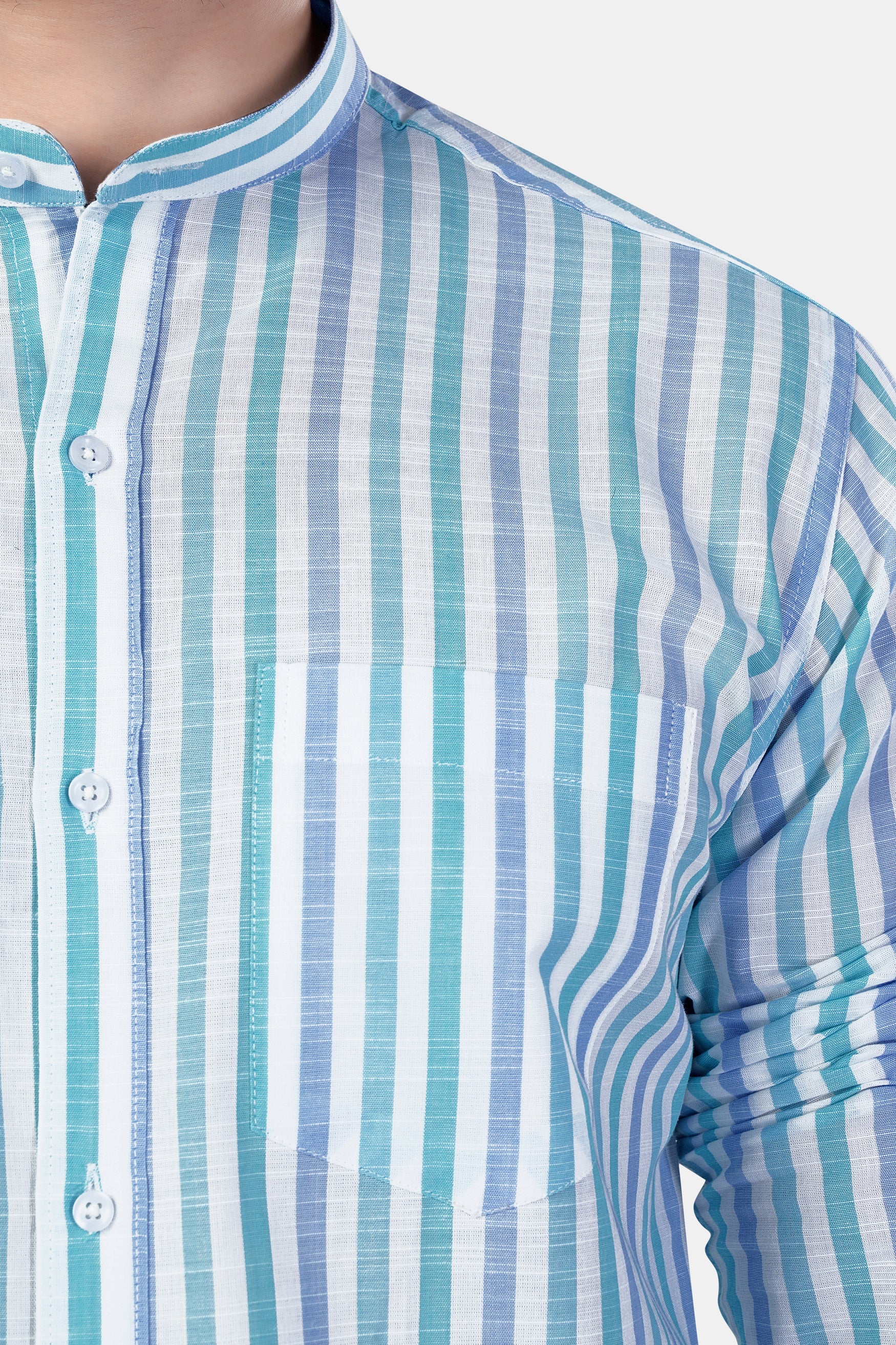 7swords-Bright White with Cascade Green and Yonder Blue Striped Premium Cotton Shirt