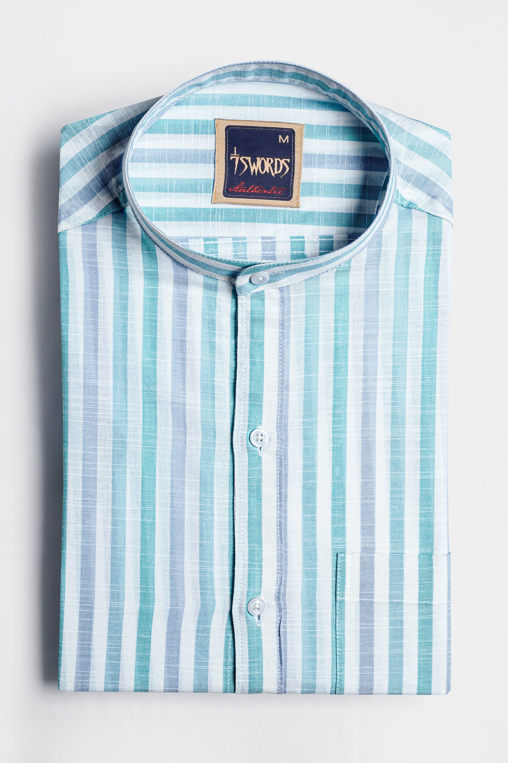 7swords-Bright White with Cascade Green and Yonder Blue Striped Premium Cotton Shirt