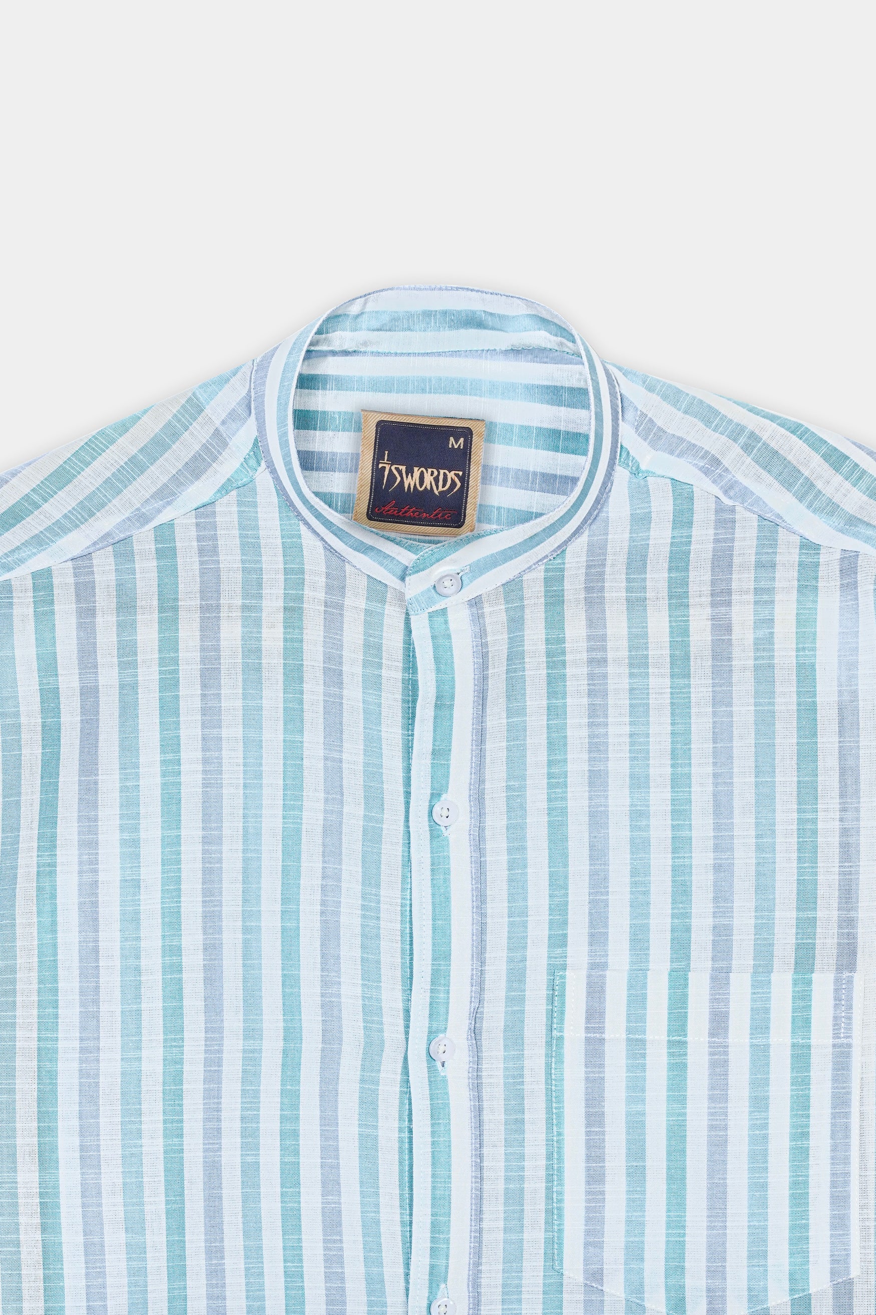 7swords-Bright White with Cascade Green and Yonder Blue Striped Premium Cotton Shirt