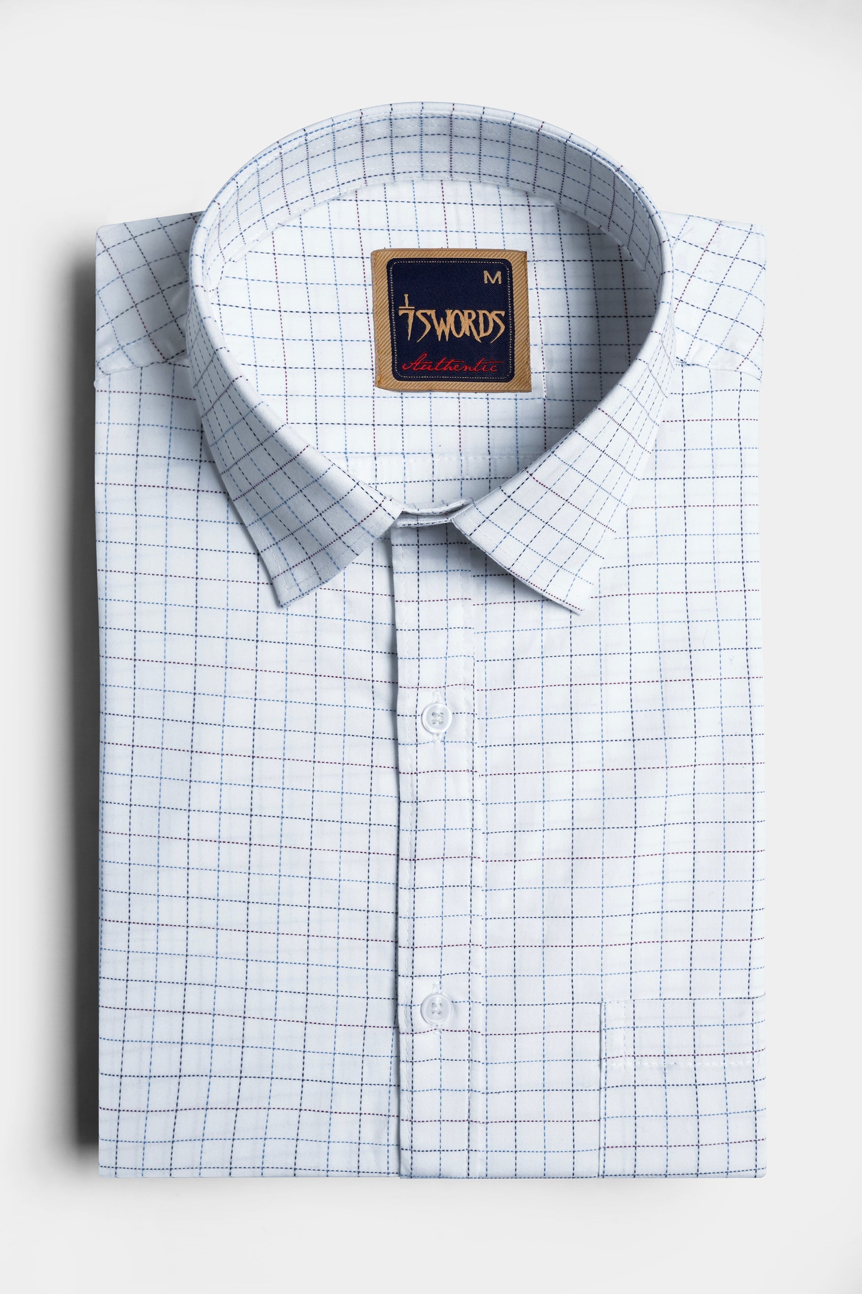 7swords-Bright White with Camelot Maroon and Mantique Blue Checkered Premium Cotton Shirt