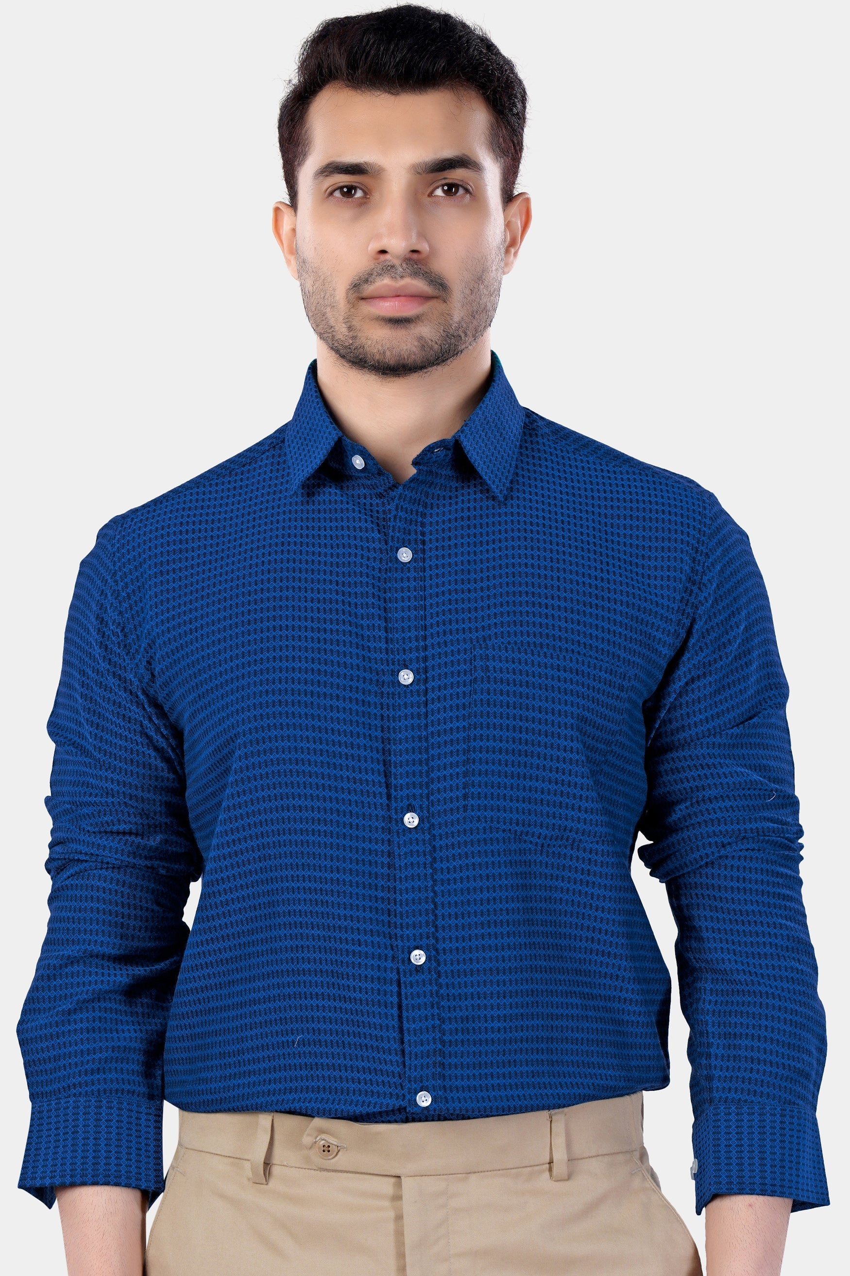 7swords-Cerulean Blue and Downriver Blue Micro Printed Premium Cotton Shirt